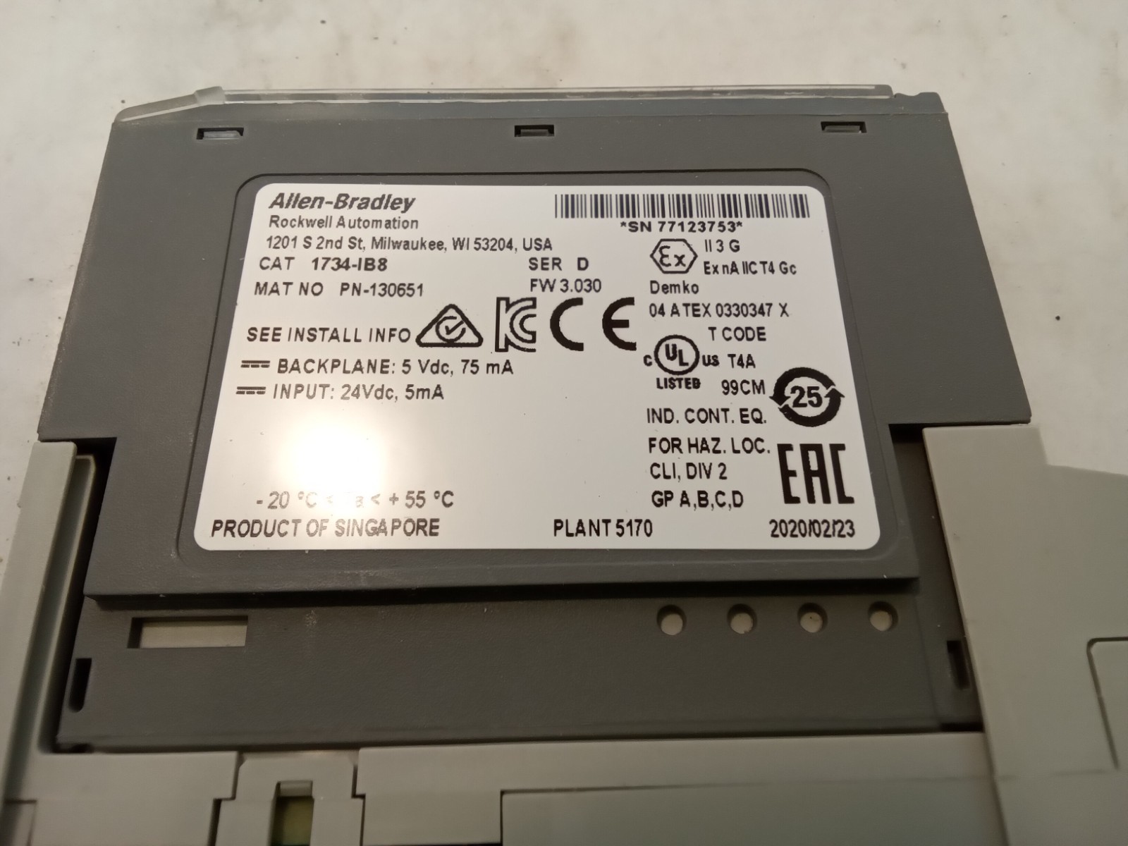 Allen Bradley 1734-IB8 Digital Input Module with 1734-MB 1734-RTB (P11A)