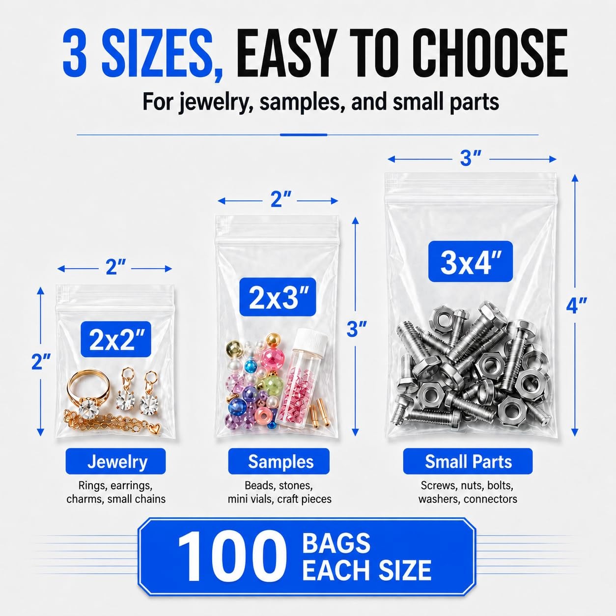 Small Plastic Bags, 300 PCS Small Jewelry Bags 3 Assorted Sizes 2×2 2×3 3×4 Inch