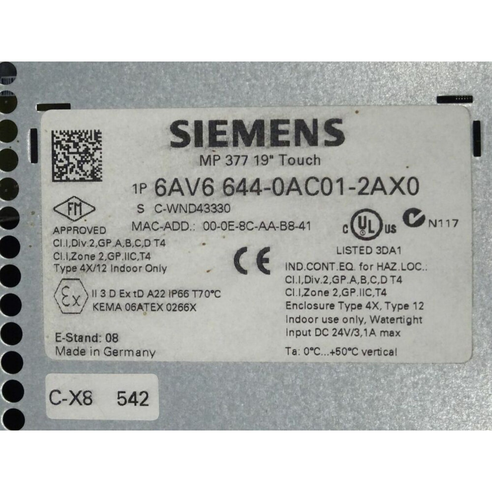 SIEMENS MP377 19″ TOUCH PANEL 6AV6644-0AC01-2AX0 / 6AV6 644-0AC01-2AX0 DHL Ship