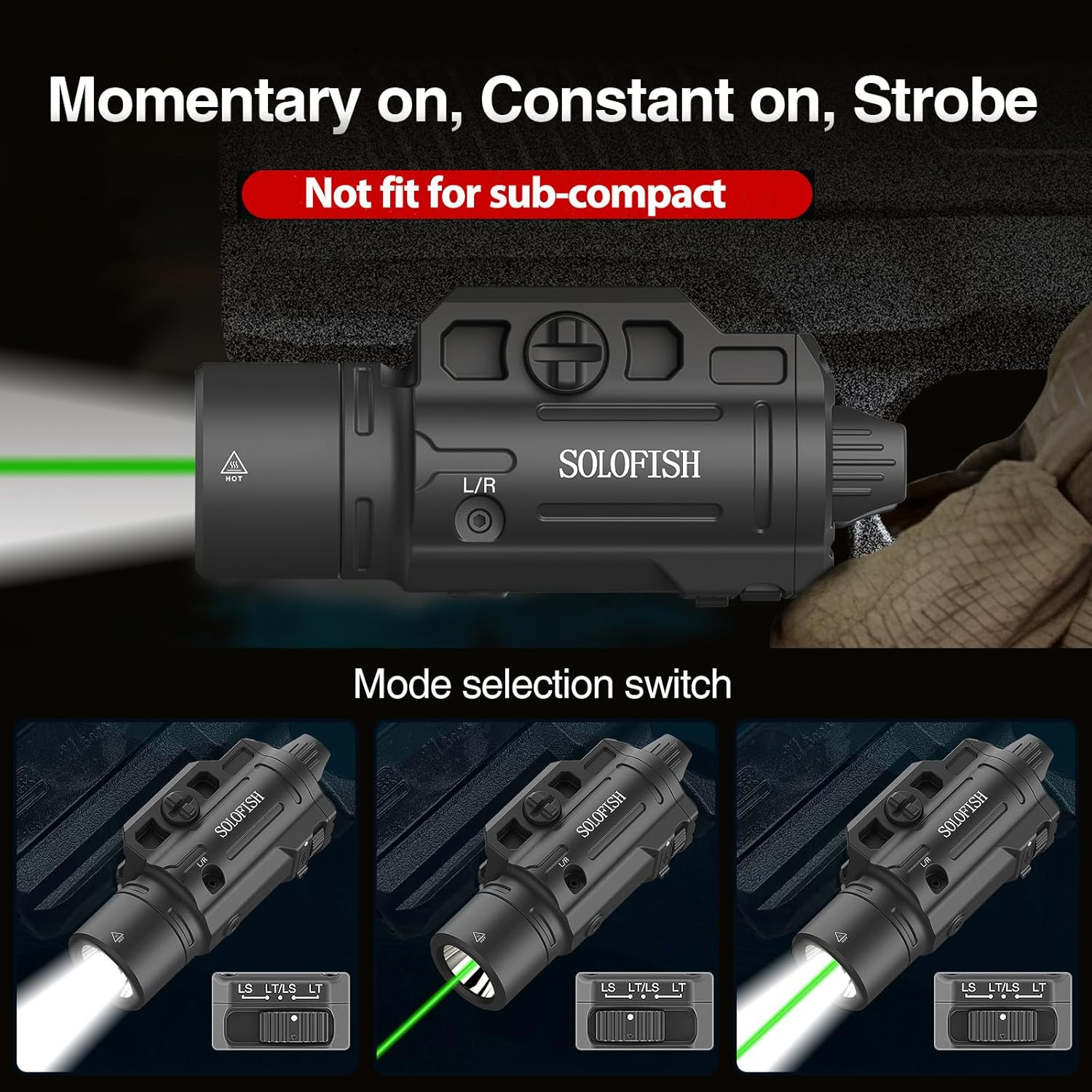 1500Lm Slidable Pistol Light and Green Beam Combo with Strobe/Momentary, Recharg