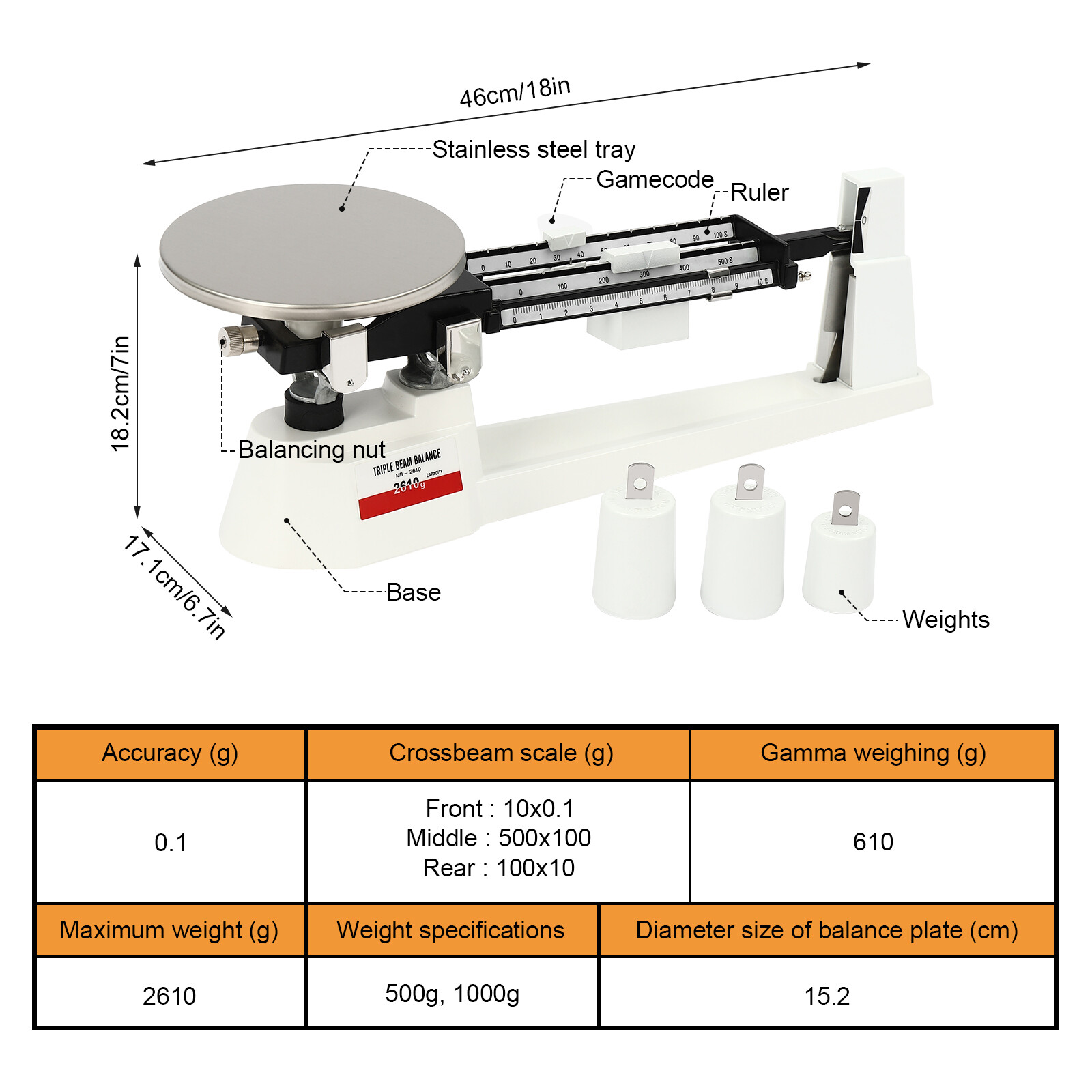 Lab Triple Beam Balance Scale 2610G x 0.1g Stainless Steel Retro Lightweight