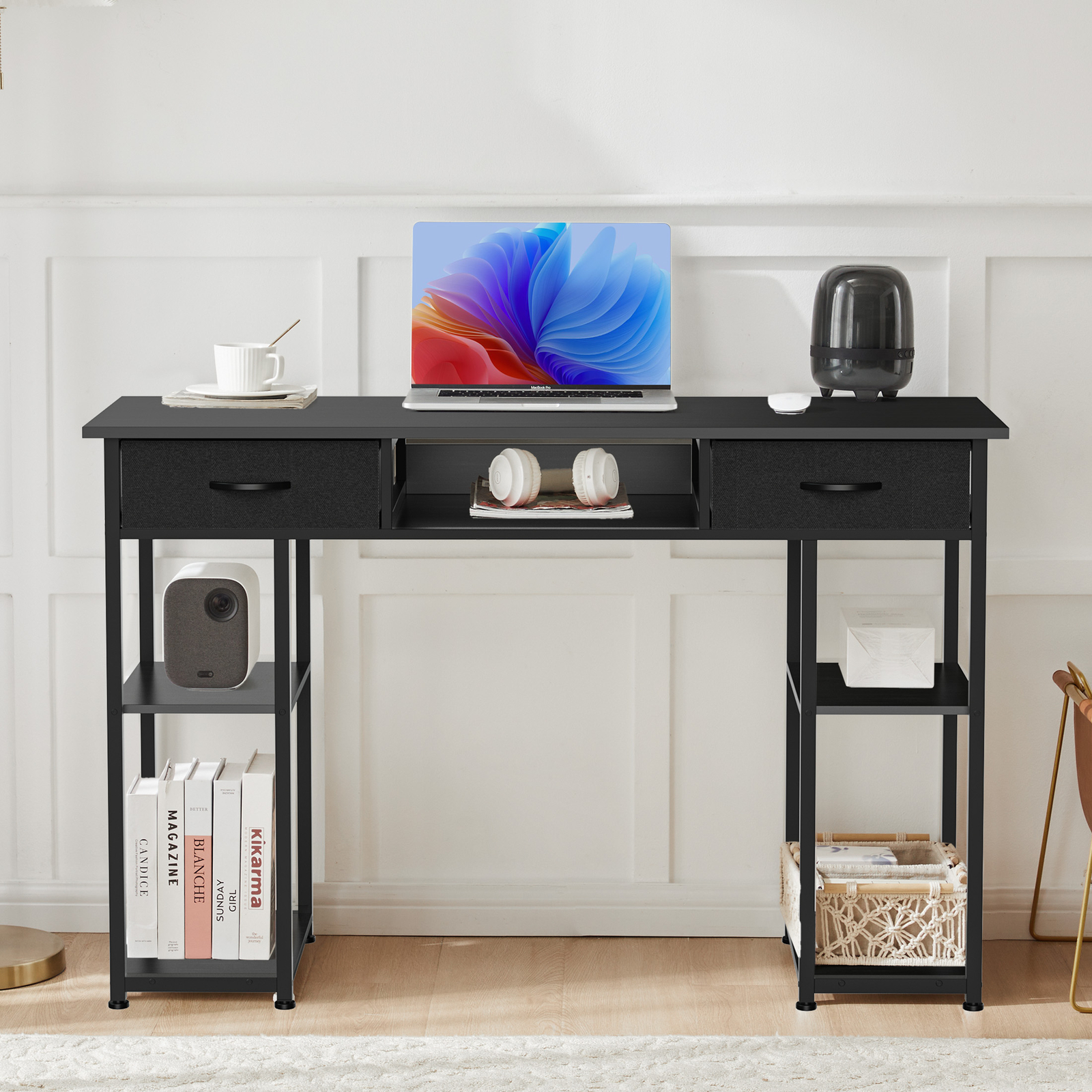 Computer Desk Home Office Table with PC Stand, Fabric Drawers Headphone Hook