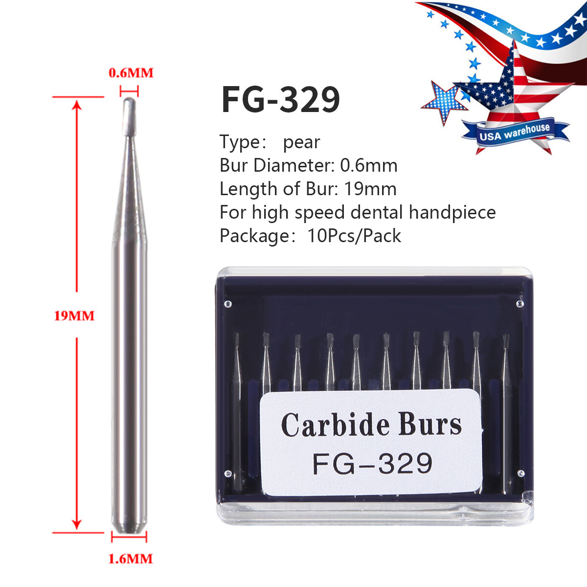 10Pcs Dental Carbide Bur FG 329 Pear for High Speed Handpiece Friction Grip Burs