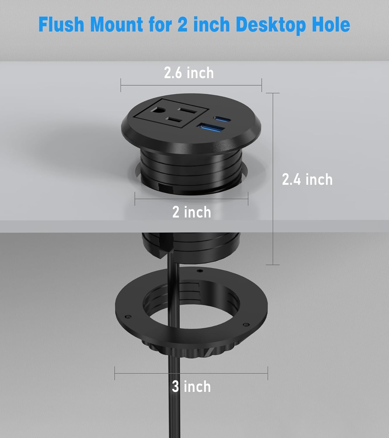 2 inch Desk Power Grommet Outlet, Recessed Outlet with 20W USB-C, Black