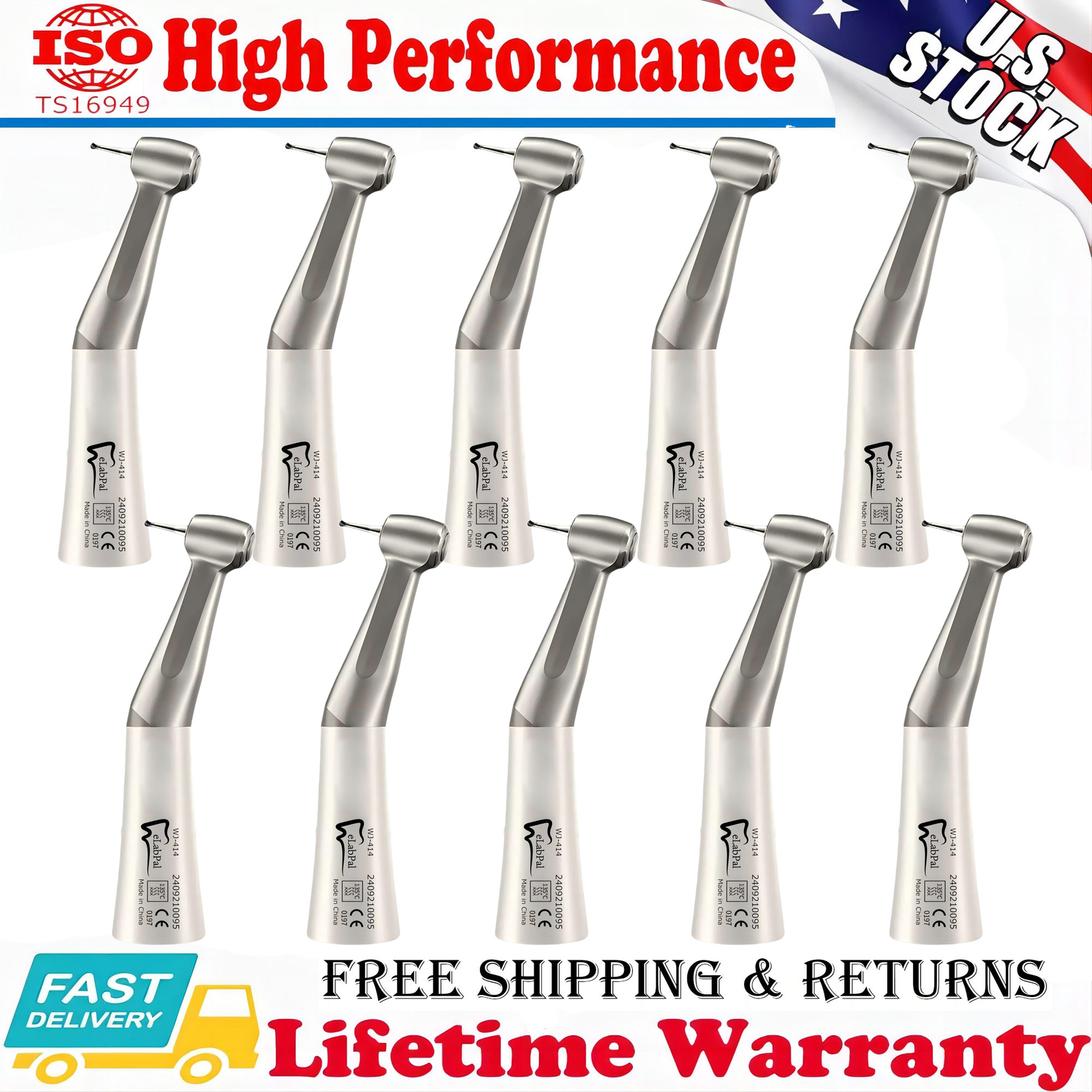 10Packs Dental Slow Low Speed Handpiece 1:1 Contra Angle Push Button E-Type US