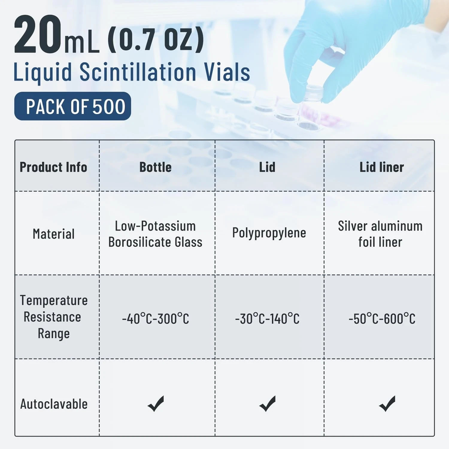 1000x 20ml Scintillation Vials Glass Sample Vials Lab Vials w/ cap (Cone Shaped)