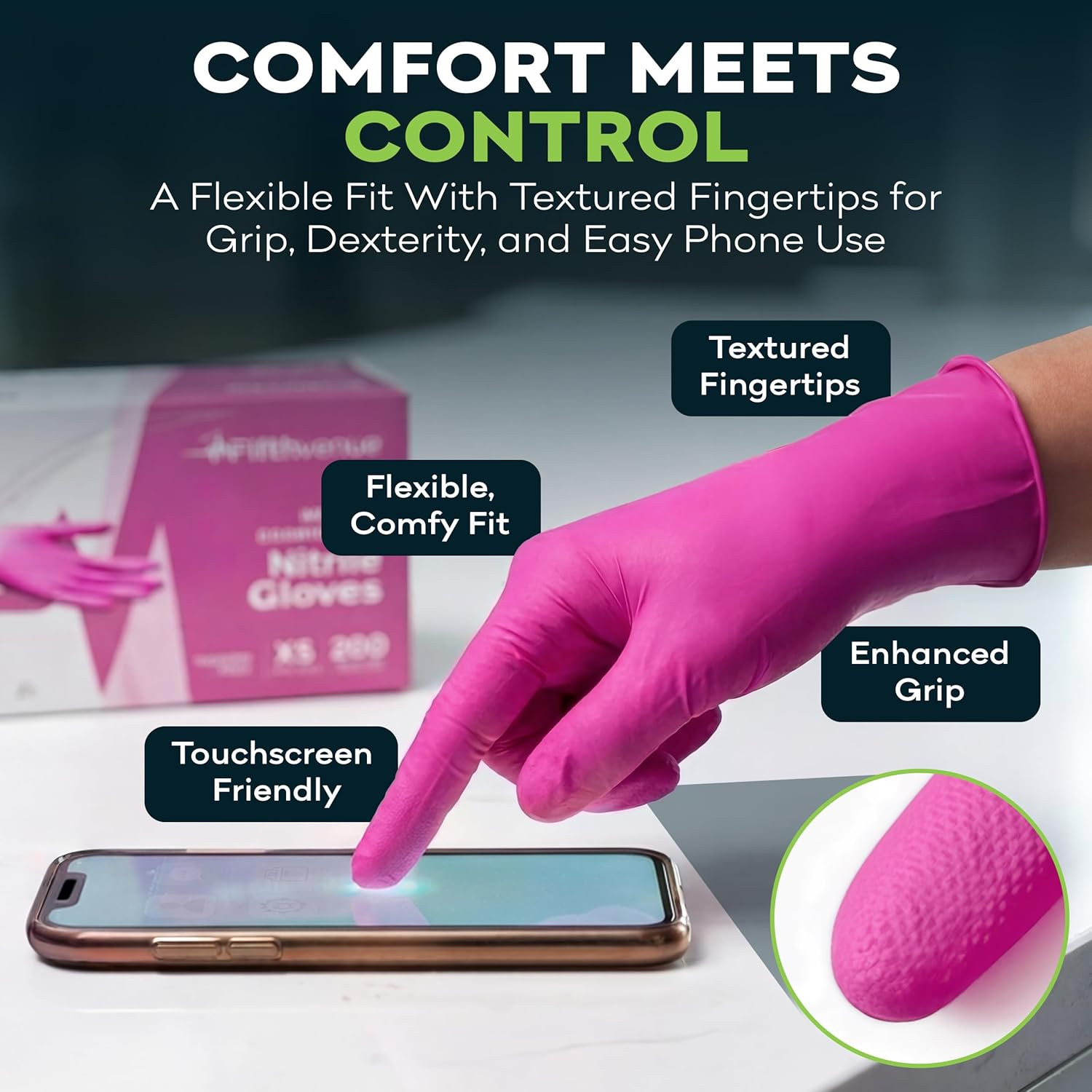 Fuchsia Hot Pink Disposable Gloves 3 Mil Exam Powder Free Latex Free Fit Comfort