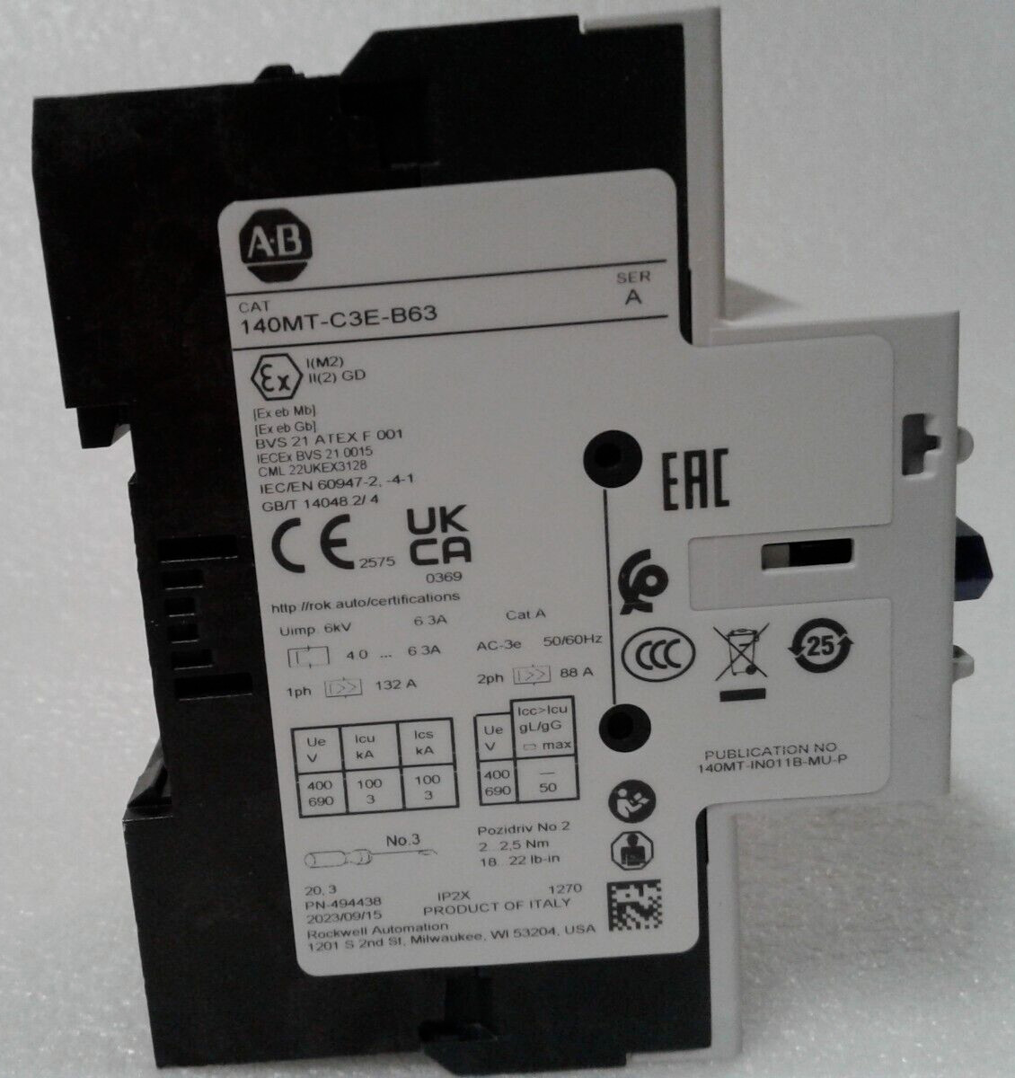 Allen Bradley 140MT-C3E-B63 Series A Motor Protector / Circuit Breaker – New