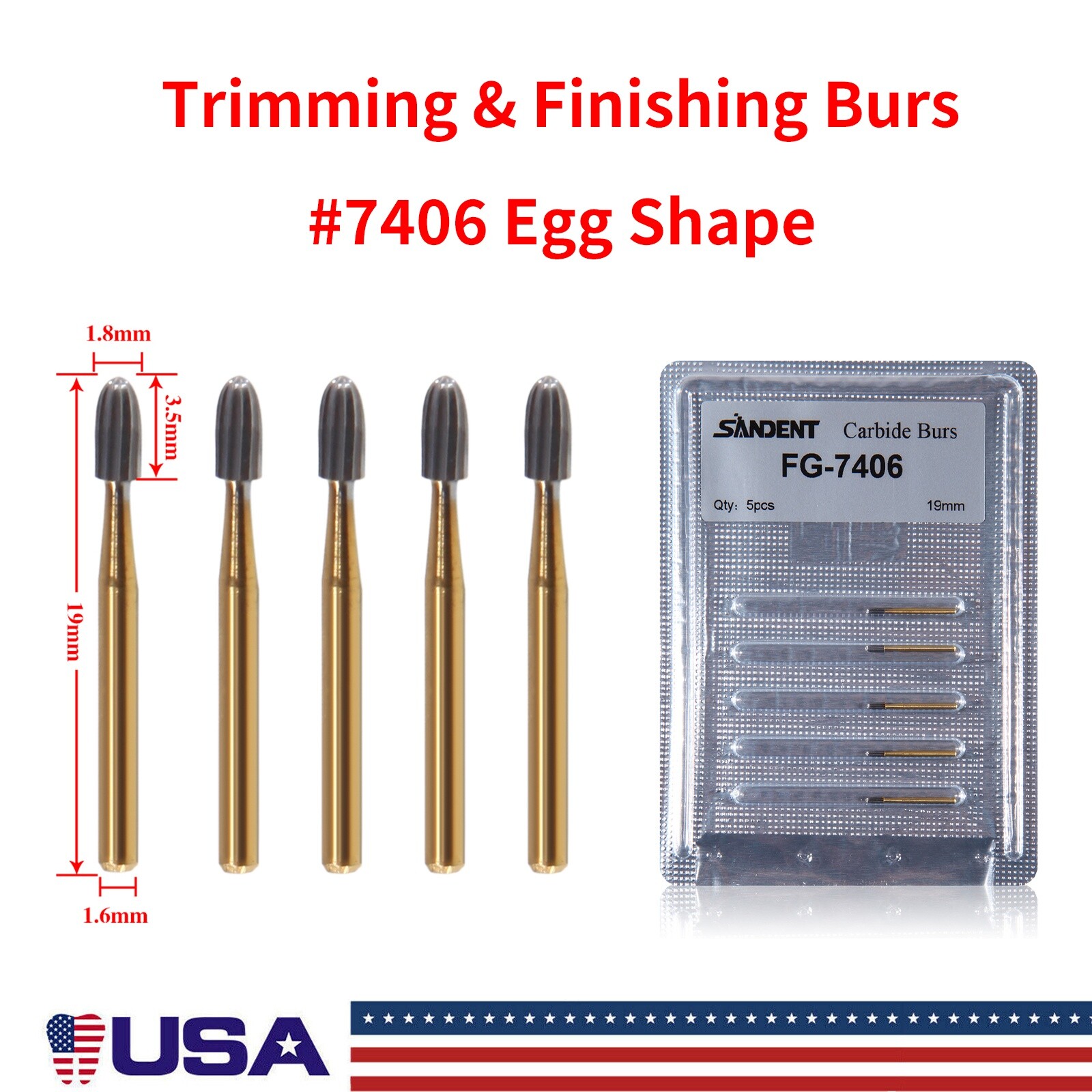5 packs Dental Tungsten Carbide Burs Trimming & Finishing Egg Football FG 7406