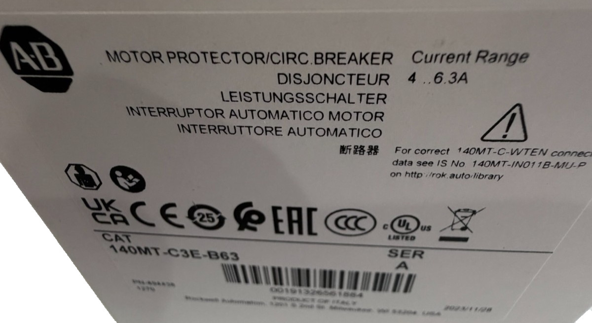 ALLEN BRADLEY 140MT-C3E-B63 CIRCUIT BREAKER SER. A 140MTC3EB63 NEW, SURPLUS