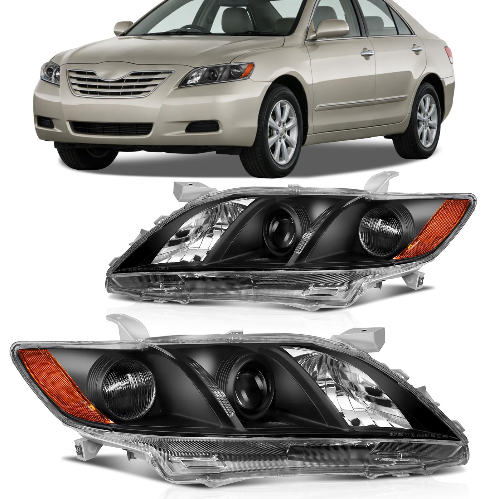 Toyota Camry 2007-09 Headlight Assembly Pair Black Housing Clear Lens 8113033652