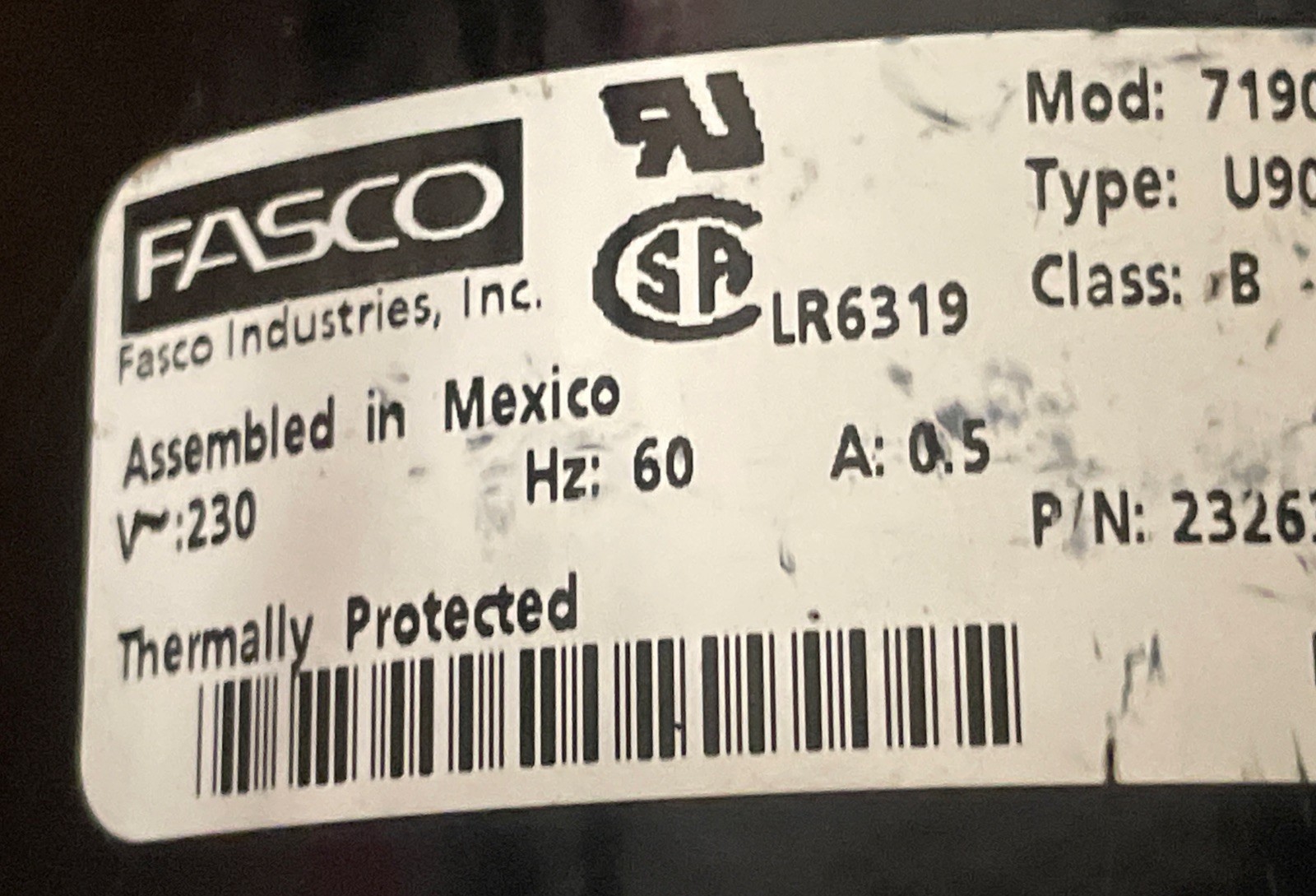 Fasco Type U90B1 Motor Fan 71902582 V230 Class B Mexico