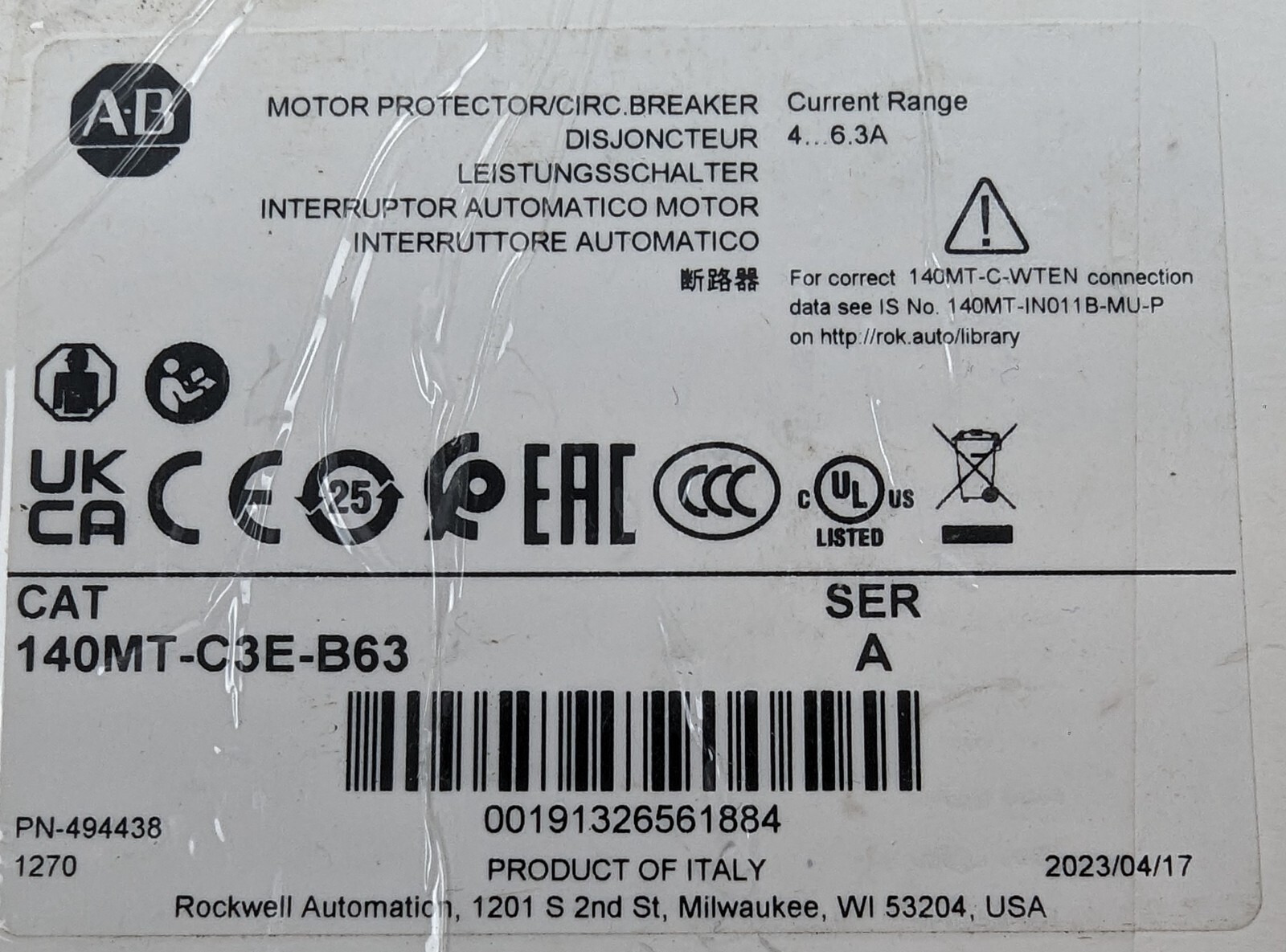Allen-Bradley 140MT-C3E-B63 Motor Circuit Breaker Protection 4-6.3Amp NEW