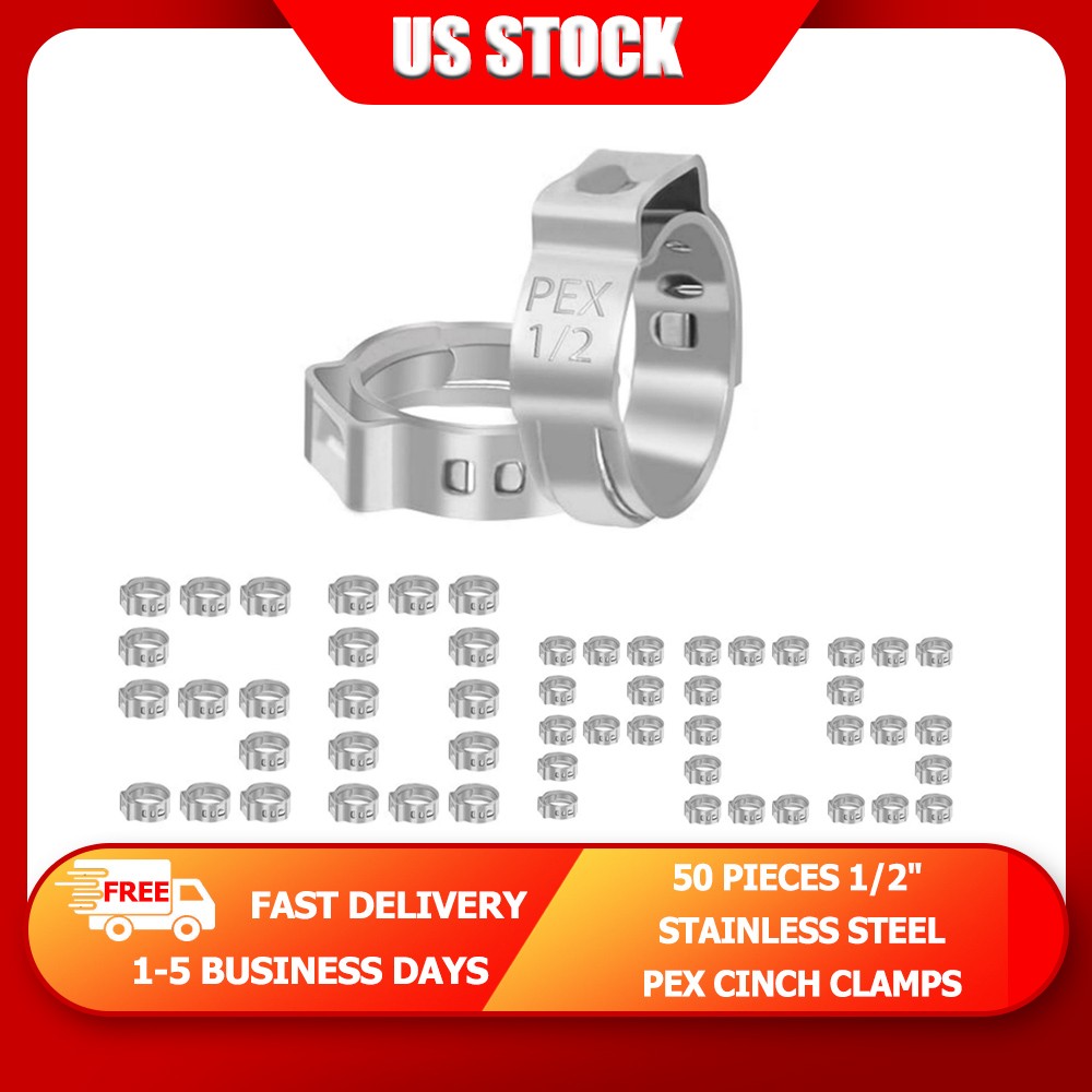 1/2 inch PEX Stainless Steel Clamp Cinch Rings Crimp Pinch Fitting 50 pcs
