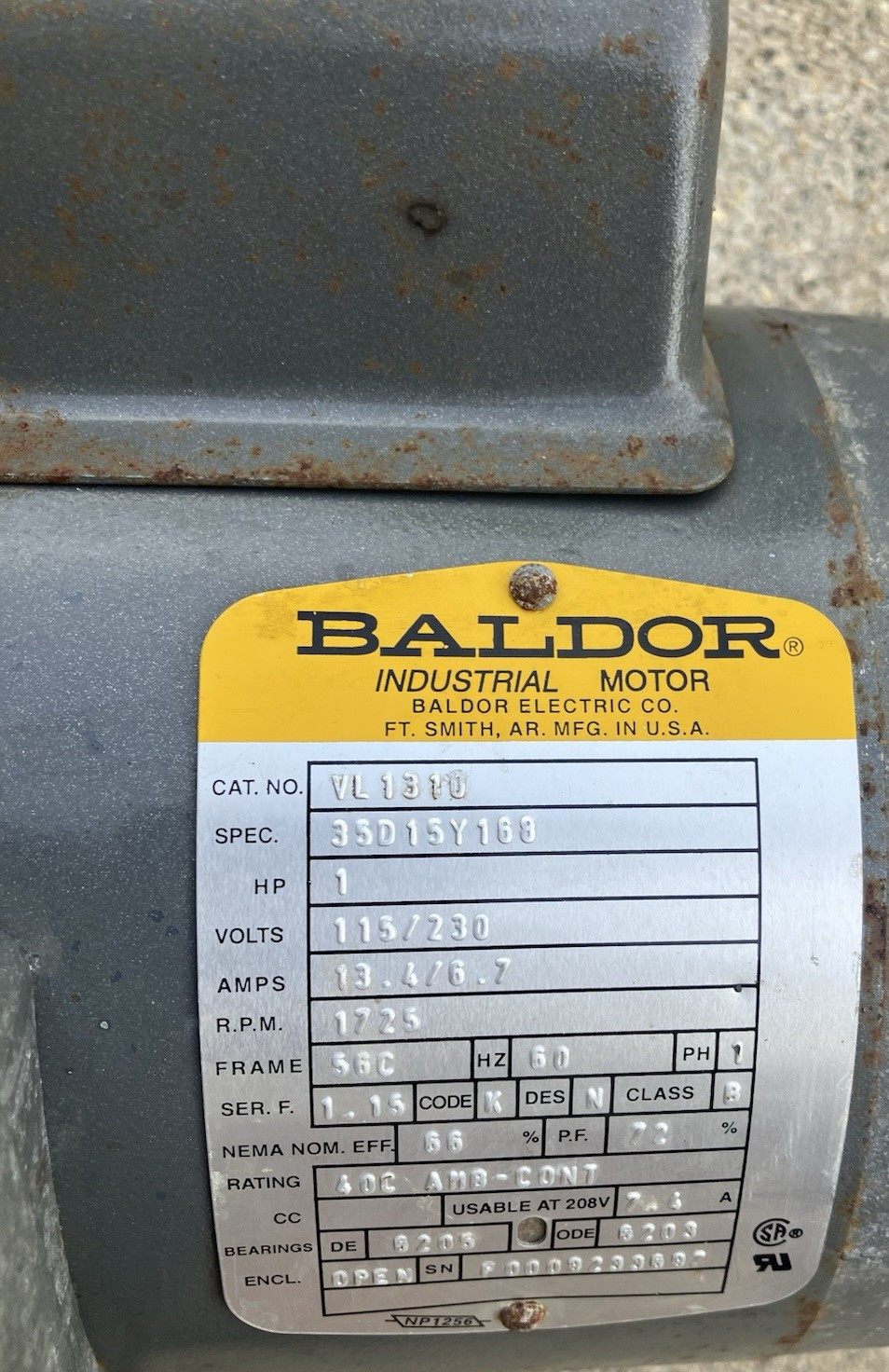 Baldor VL1310 Electric Motor 1 hp 1725 RPM 56C Frame Single Phase