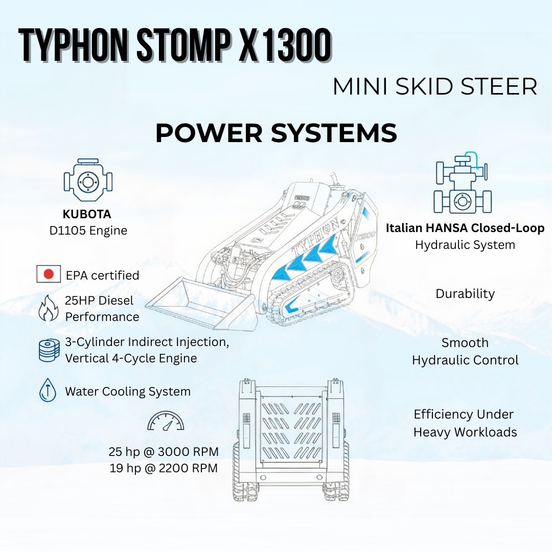 3040lbs TYPHON STOMP X1300 25HP Kubota D1105 EPA Diesel Mini Skid Steer Loader