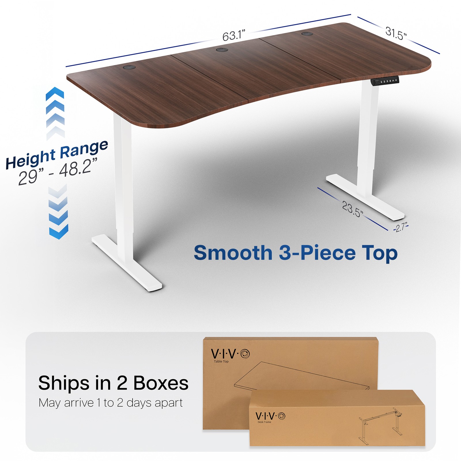 VIVO Electric 63” x 32” Stand Up Desk, Dark Walnut Table Top, White Frame