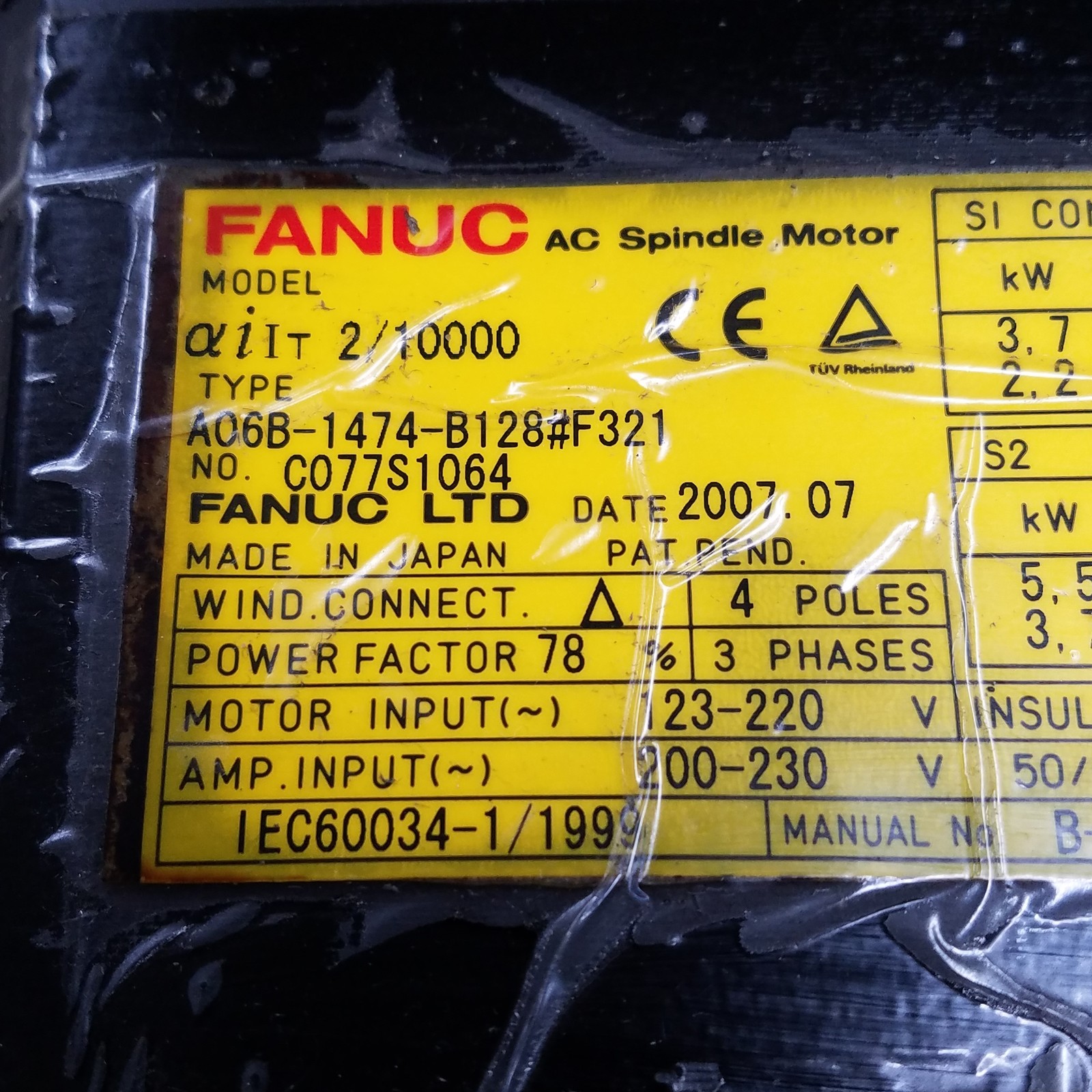 Fanuc A06B-1474-B128#F321 AiT2/10000 AC Servo Motor, 10000 RPM Max @ 3.7kW