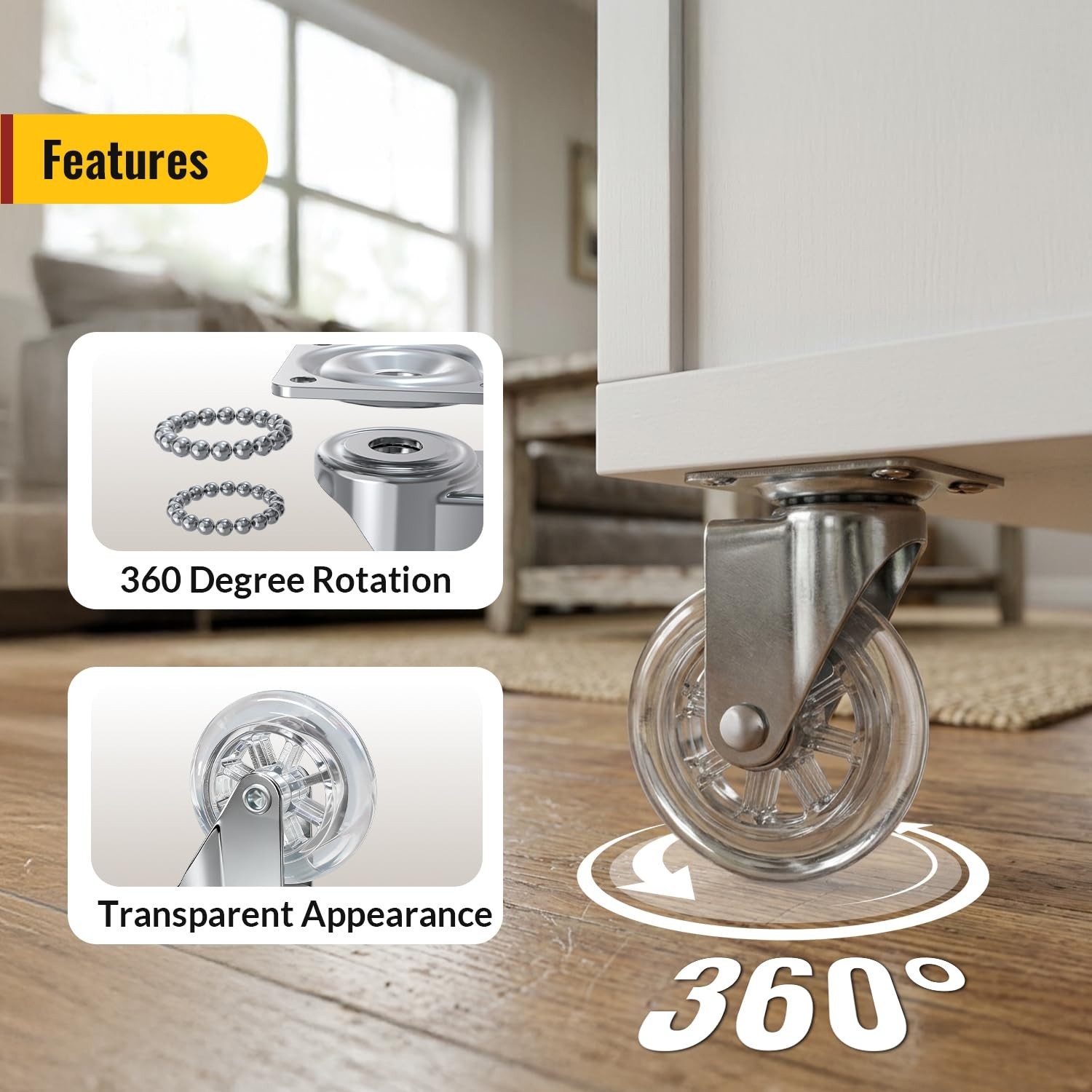 4pack Swivel Transparent Casters, Modern Furniture Wheels for Rolling Carts