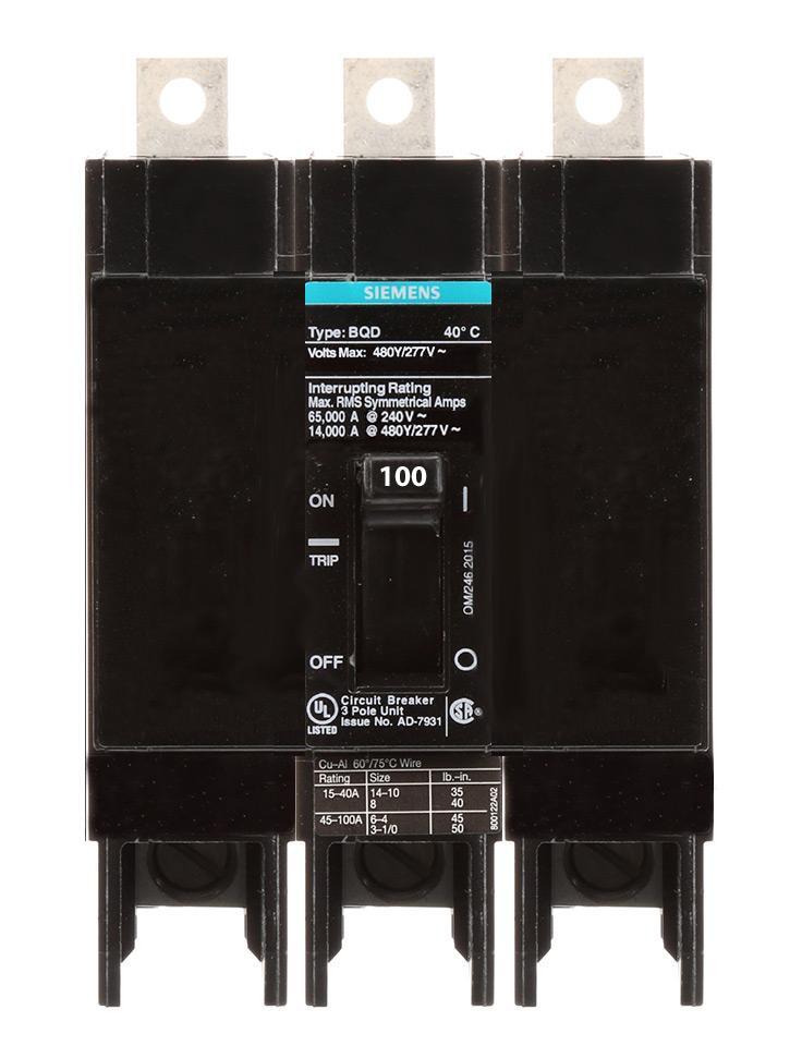 BQD3100 – Siemens 100 Amp 3 Pole 480 Volt Bolt-On Molded Case Circuit Breaker