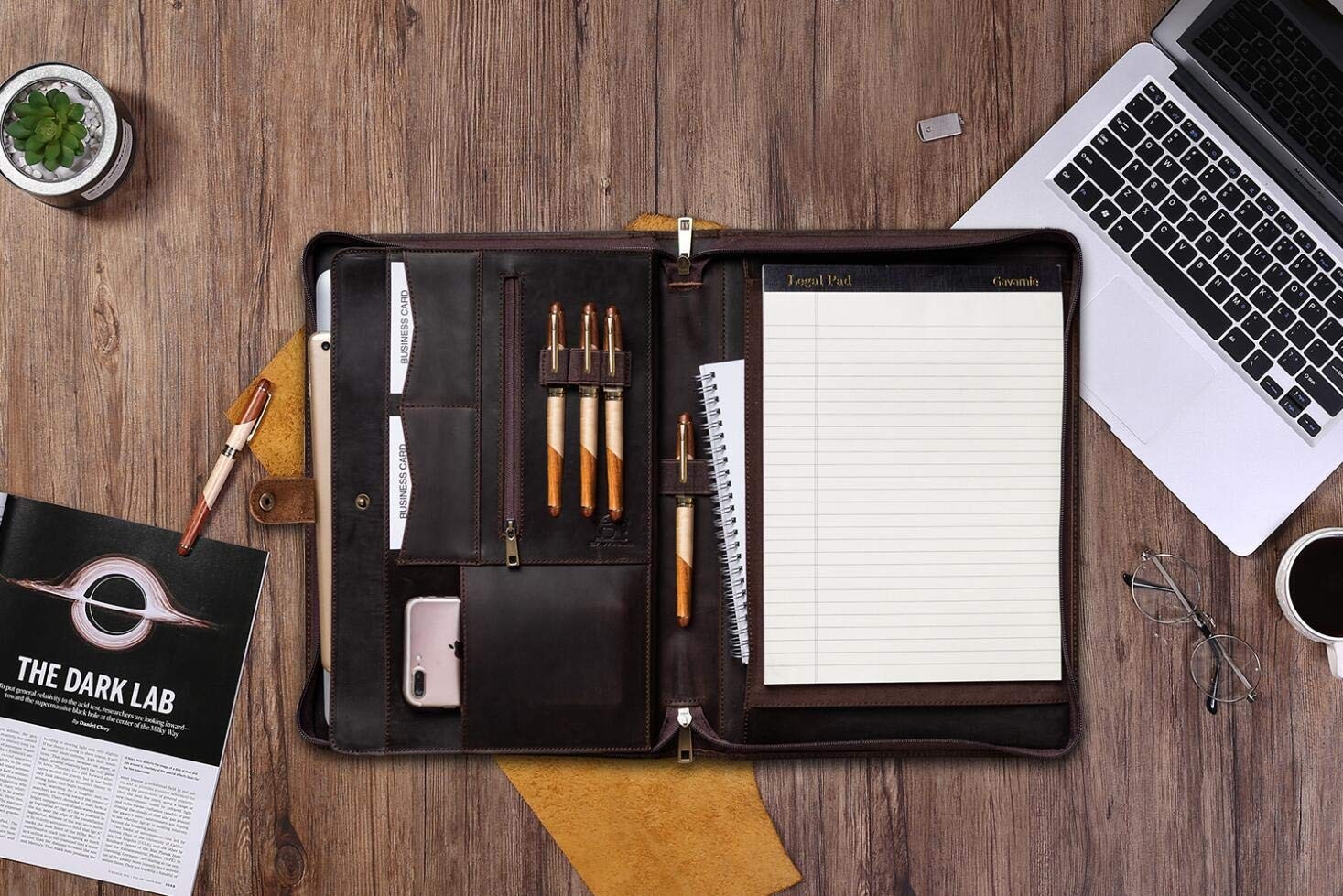 Leather Business Portfolio Padfolio with Zipper for 13″ Laptop & Notepad – Dark