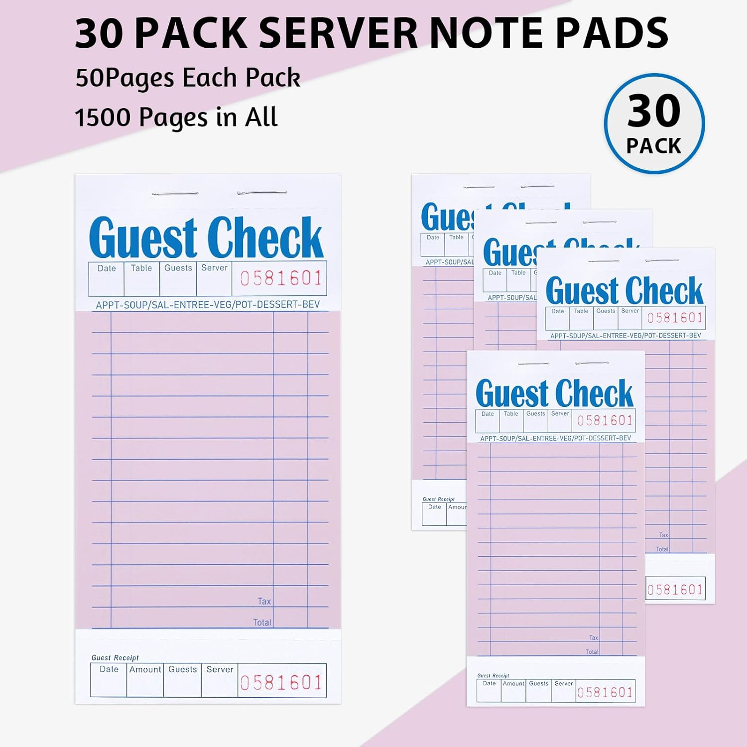 30 Pack Pink Guest Checks for Servers, Server Note Pads Waitress Check Pads with