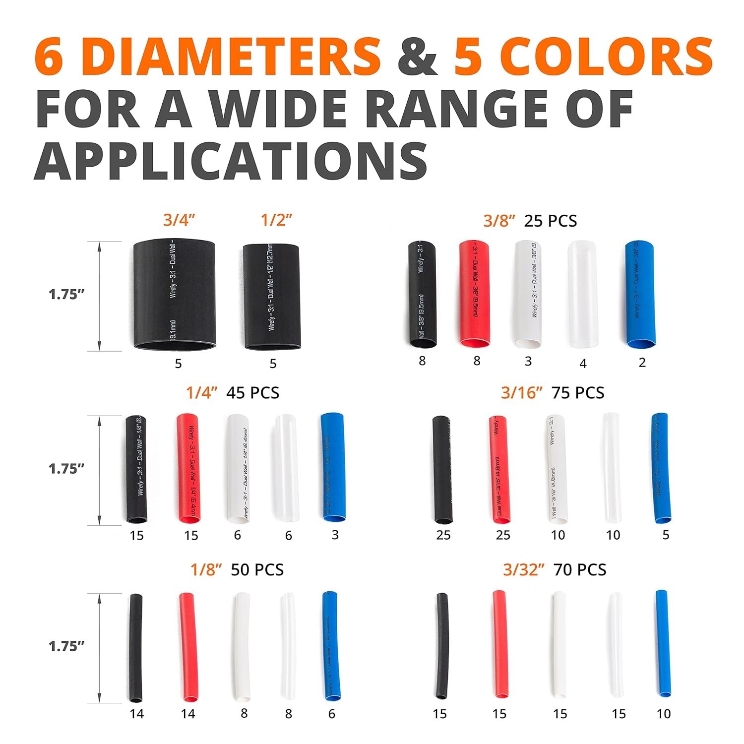 Heat Shrink Tubing Kit – 3:1 Ratio Adhesive Lined, Marine Grade Shrink – 275 PCS