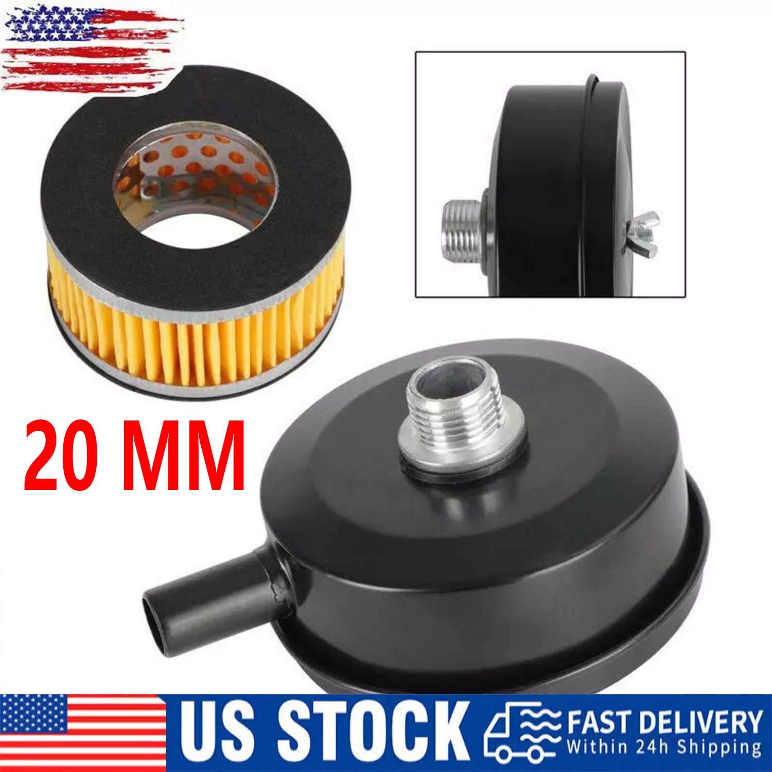 1/2″ 20mm Thread Air Compressor Intake Filter Muffler Silencer Black-Metal T5