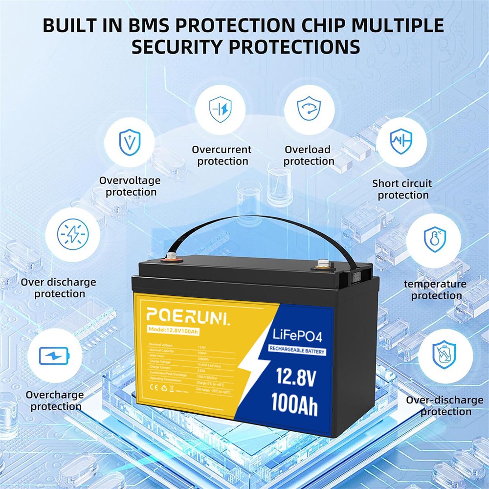 12V 100Ah LiFePO4 Lithium Battery Cycle Deep Built-in BMS for Solar RV Off-grid