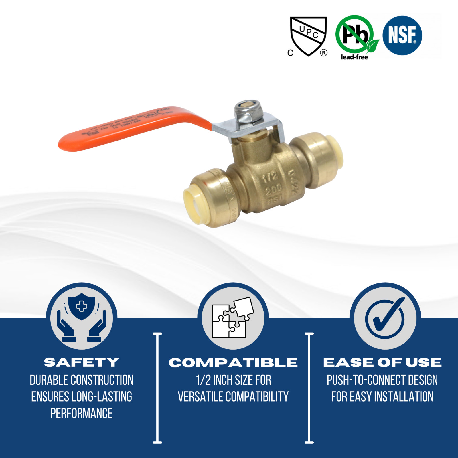 1 PIECE 1/2″ PUSH FIT BALL VALVE WITH REMOVING CLIP