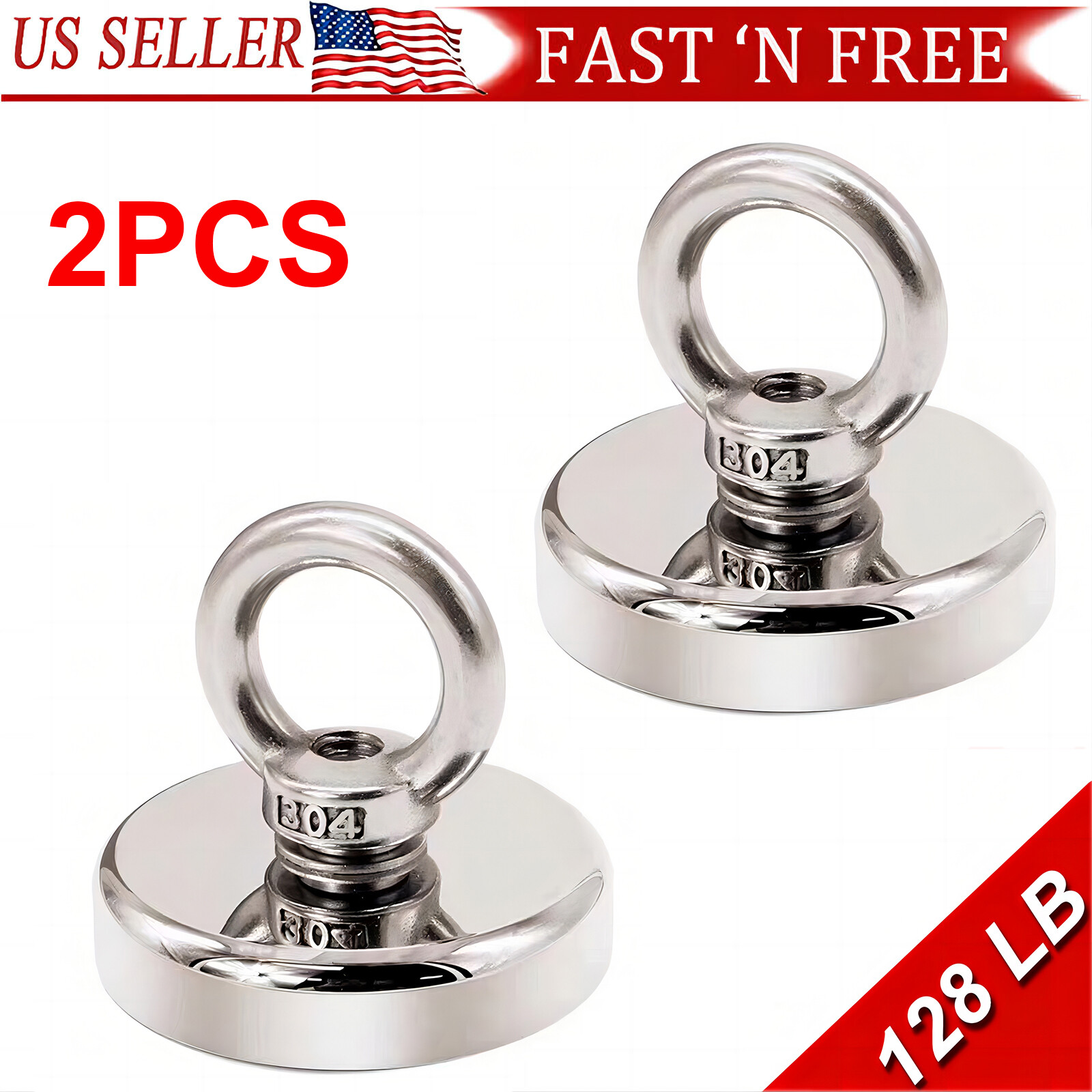 Neodymium Fishing Magnets 2 Pack, 128LBS Pulling Force Strong Round Rare Earth