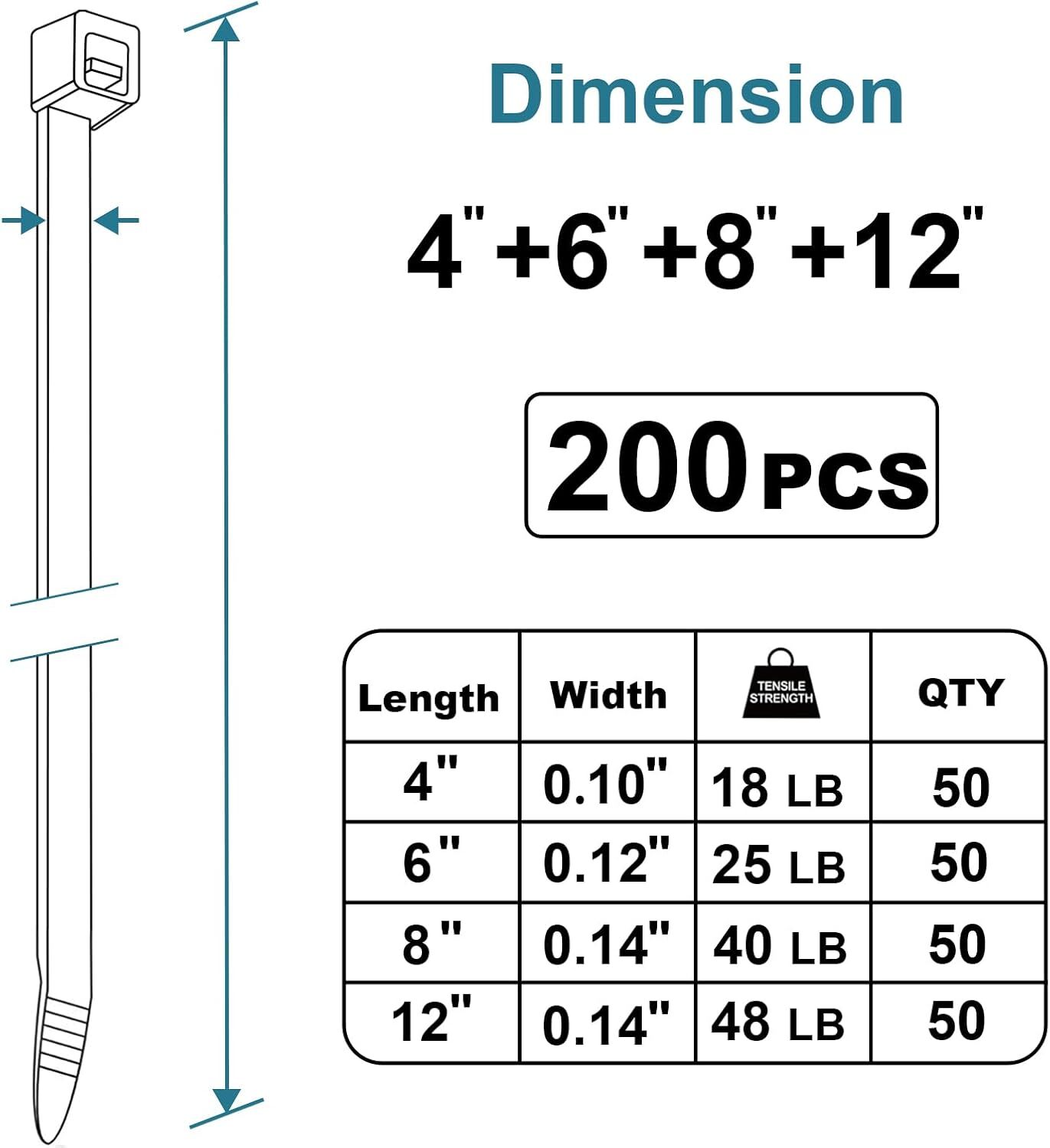 Zip Ties Assorted Sizes 4+6+8+12 Inch, 200 Pack, Black Cable Ties, UV Resistant