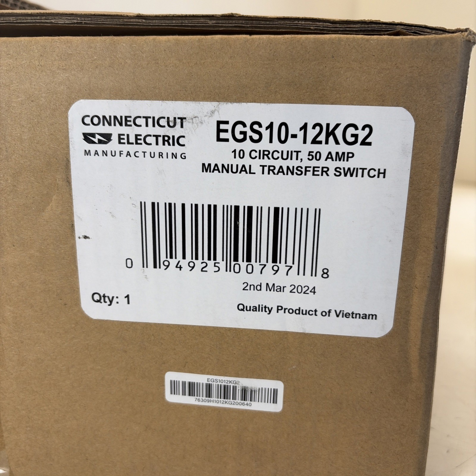 Connecticut Electric Manual Transfer Switch 50A 10-Circuits EGS10-12KG2 12500 W
