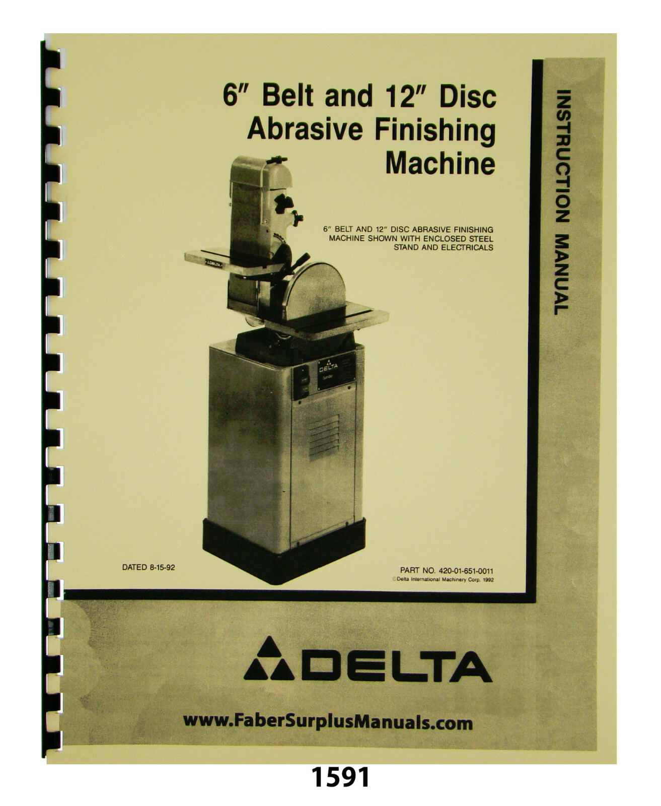 Delta 6″ Belt 12″ Disc Sander Model 31-730 Instruction & Parts List Manual #1591