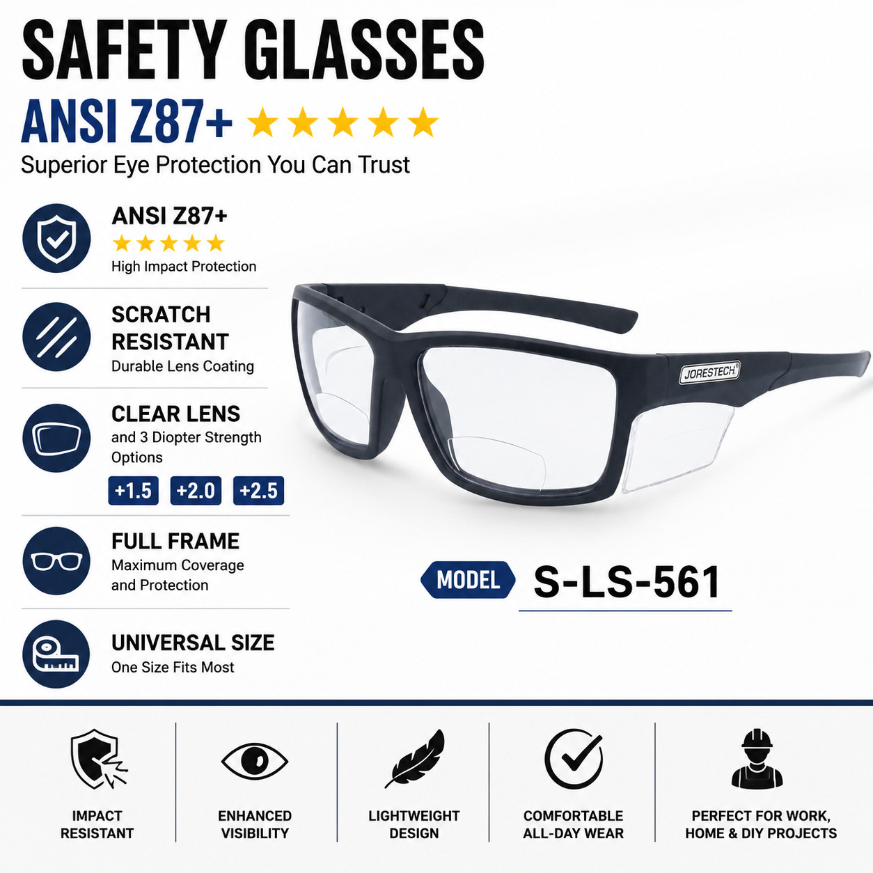 Bifocal Reading Readers Safety Glasses CLEAR Lens 1.5, 2.0, 2.5 Jorestech