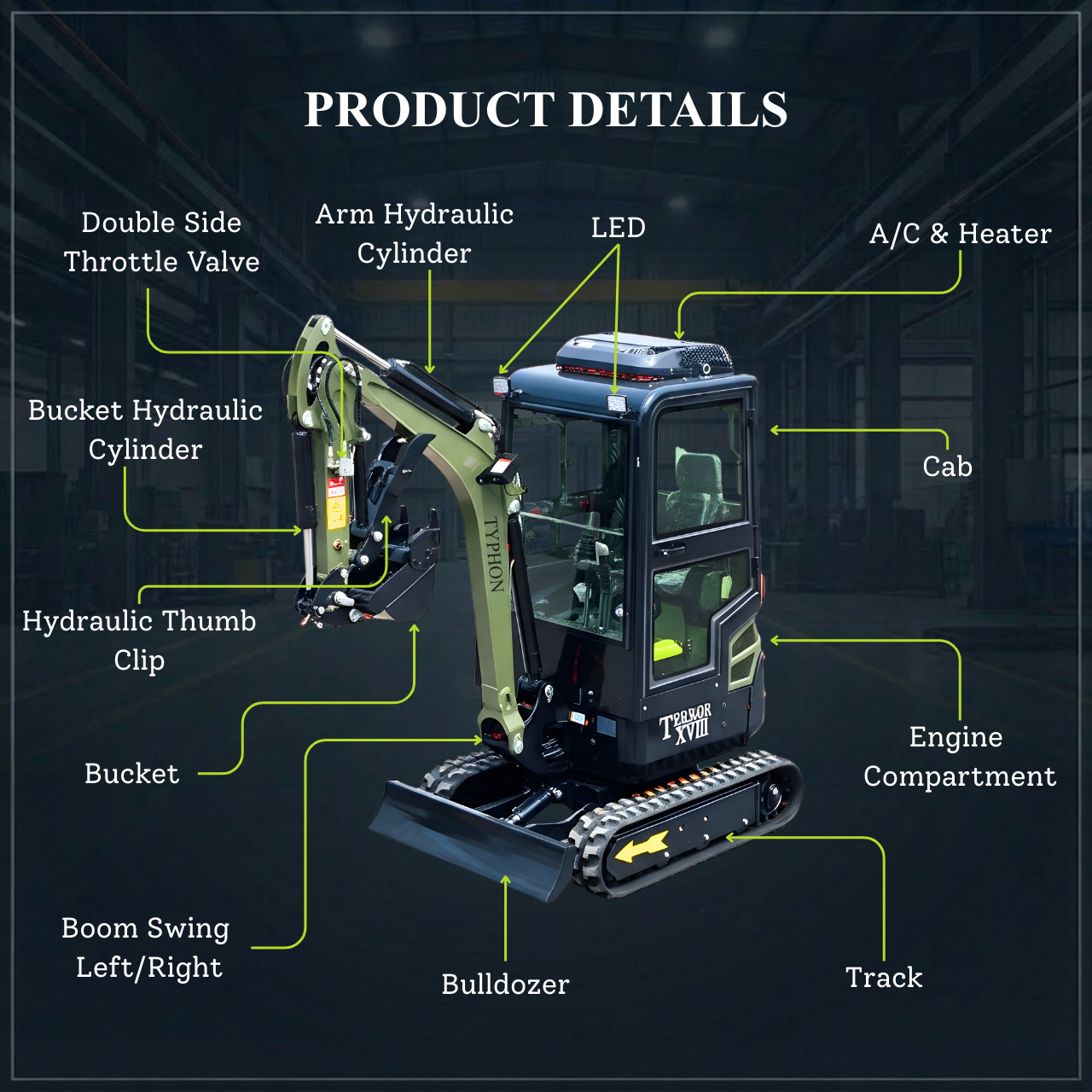 TYPHON Terror XVIII Prestige 2 Ton Mini Excavator AC/Heater cabin 13 Attachments