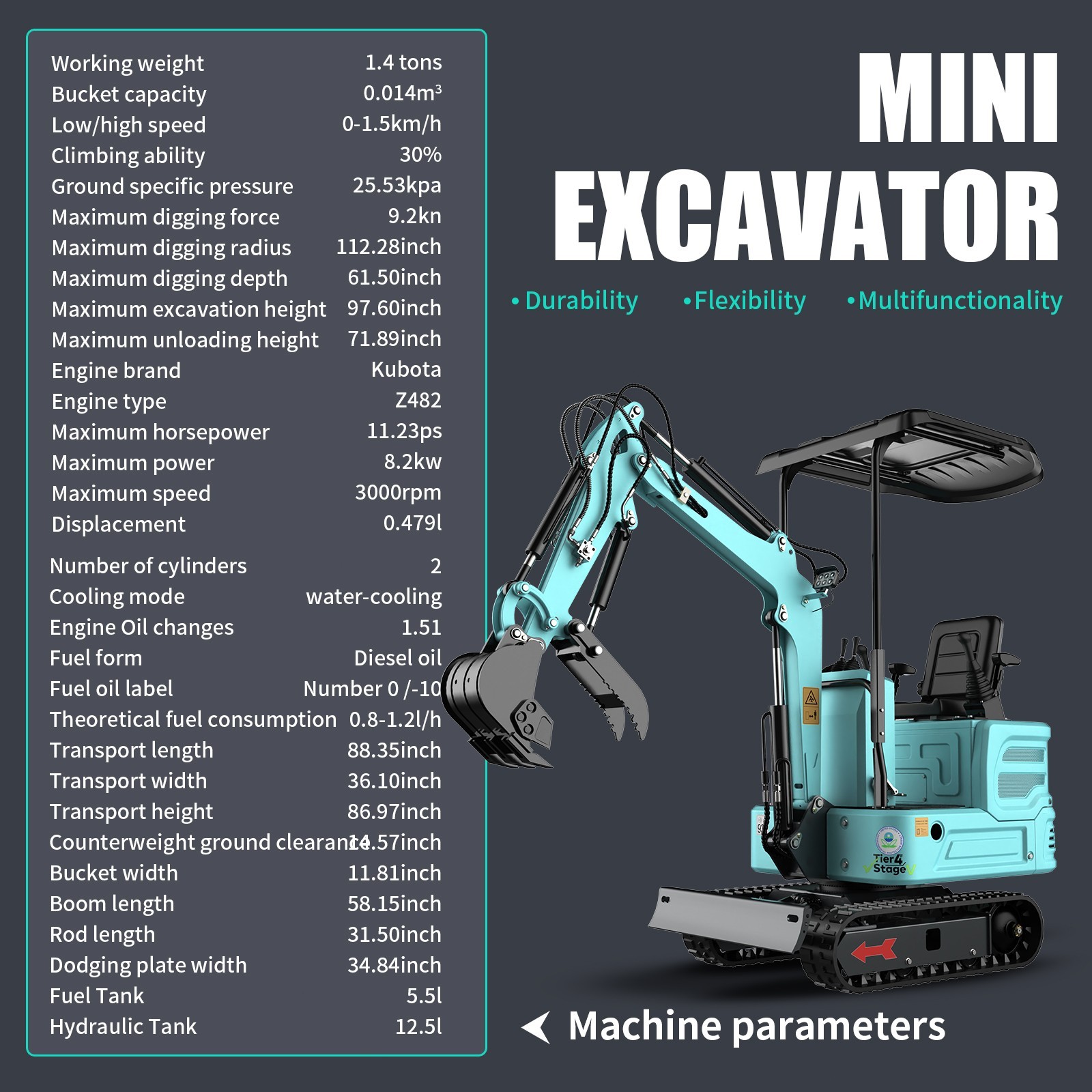 Brand New 2.5Ton KUBOTA EPA Diesel Mini Excavator Side Swing Expand Track Pilot