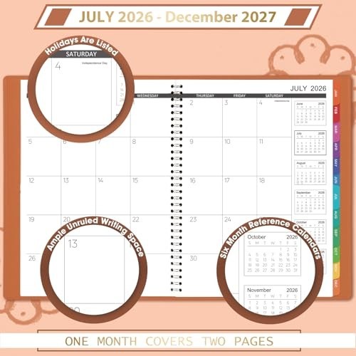 Monthly Planner Jul 24-Dec 25 Leather Cover Twin-Wire 18 Month Planner, Brown