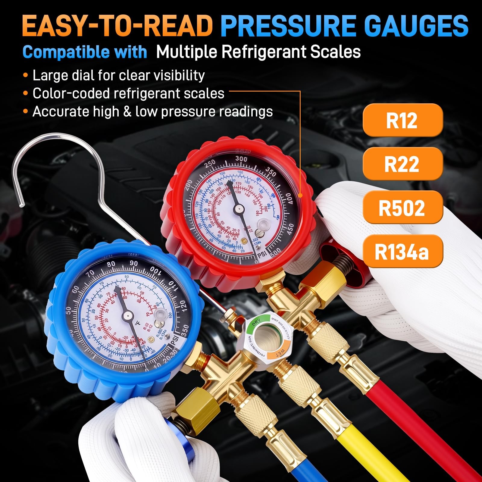 HVAC AC 3‑Way Manifold Gauge Set With 5ft Hoses R134a R12 R22 R502 Tool Kit