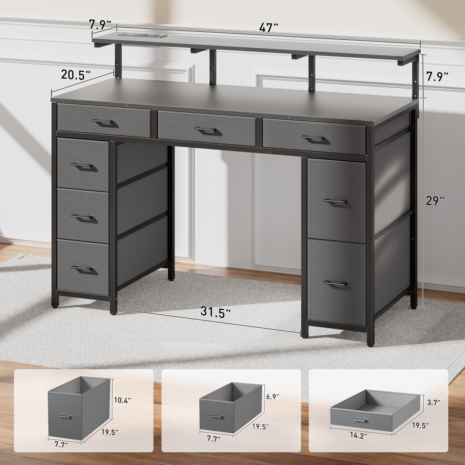 47 inch Computer Desk with 8 Drawers & Power Outlets, Gaming Desk with LED Light