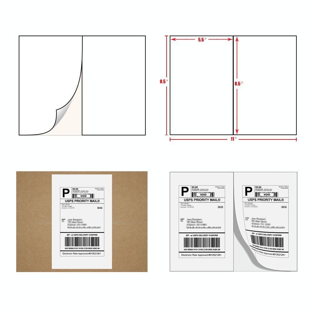 200 – 2000 Half Sheets Shipping Labels 8.5×5.5 Blank Self Adhesive 2 Per Sheet