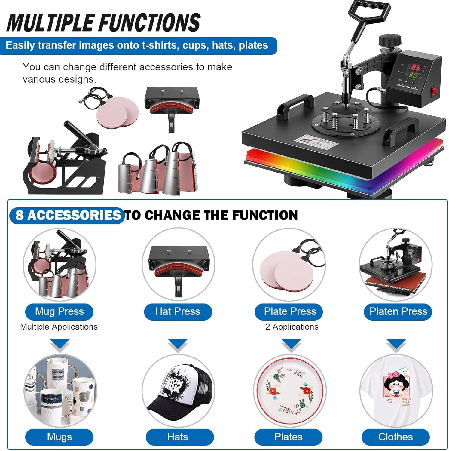 8 IN 1 Combo T-Shirt Heat Press 15″x15″ Transfer Machine Sublimation Swing Away