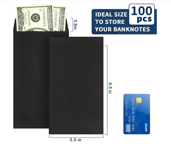 100 Pack Kraft Cash Envelopes for Budgeting, 6.7 x 3.5 Inch Large Pack Black