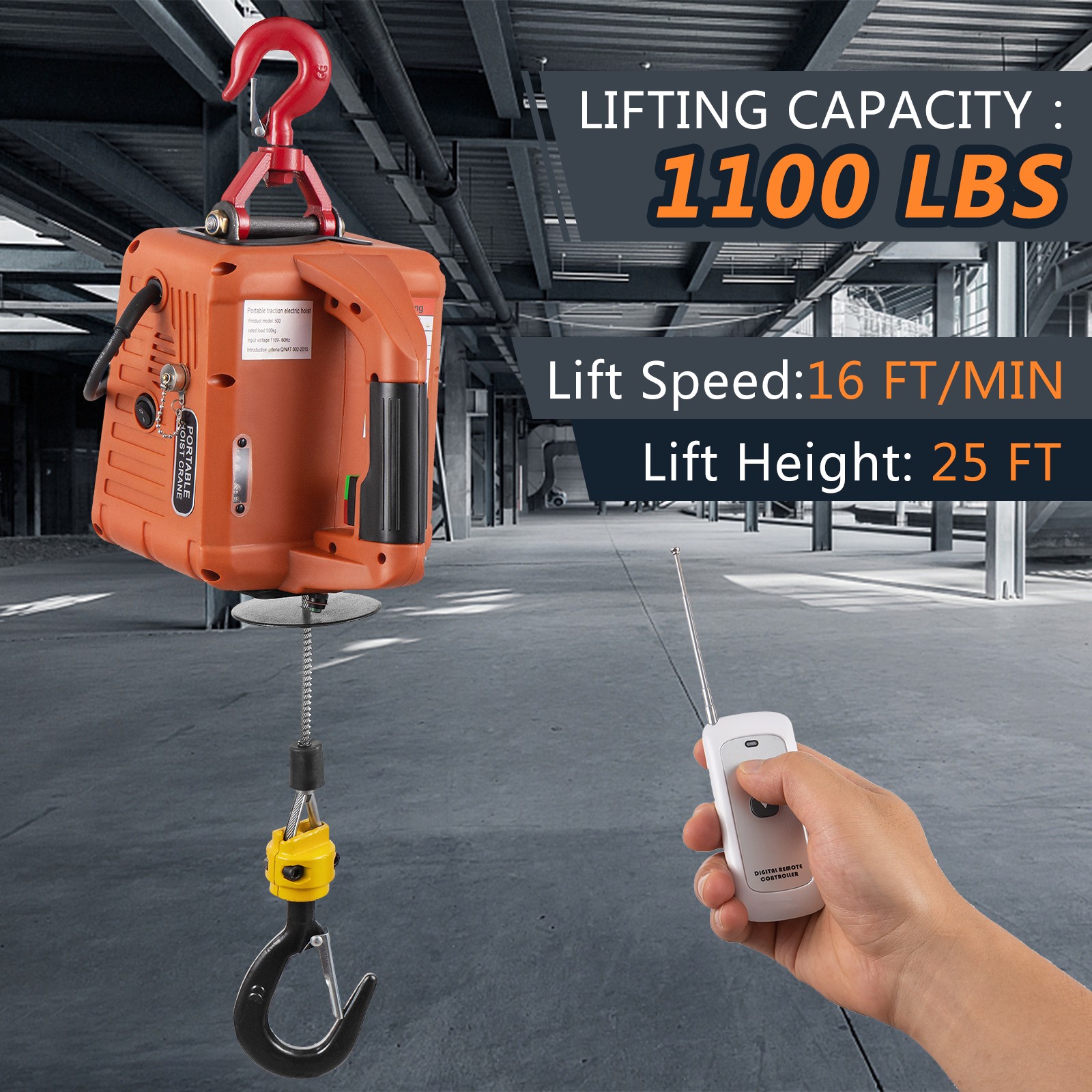 3 in 1 Portable Electric Hoist Winch 1100lbs Wired/Wireless Remote Control Crane