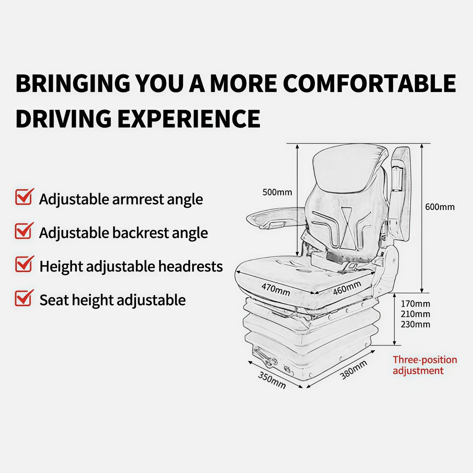 Forklift Tractor Seat Suspension Adjustable Backrest Armrest Safety Belt NEW
