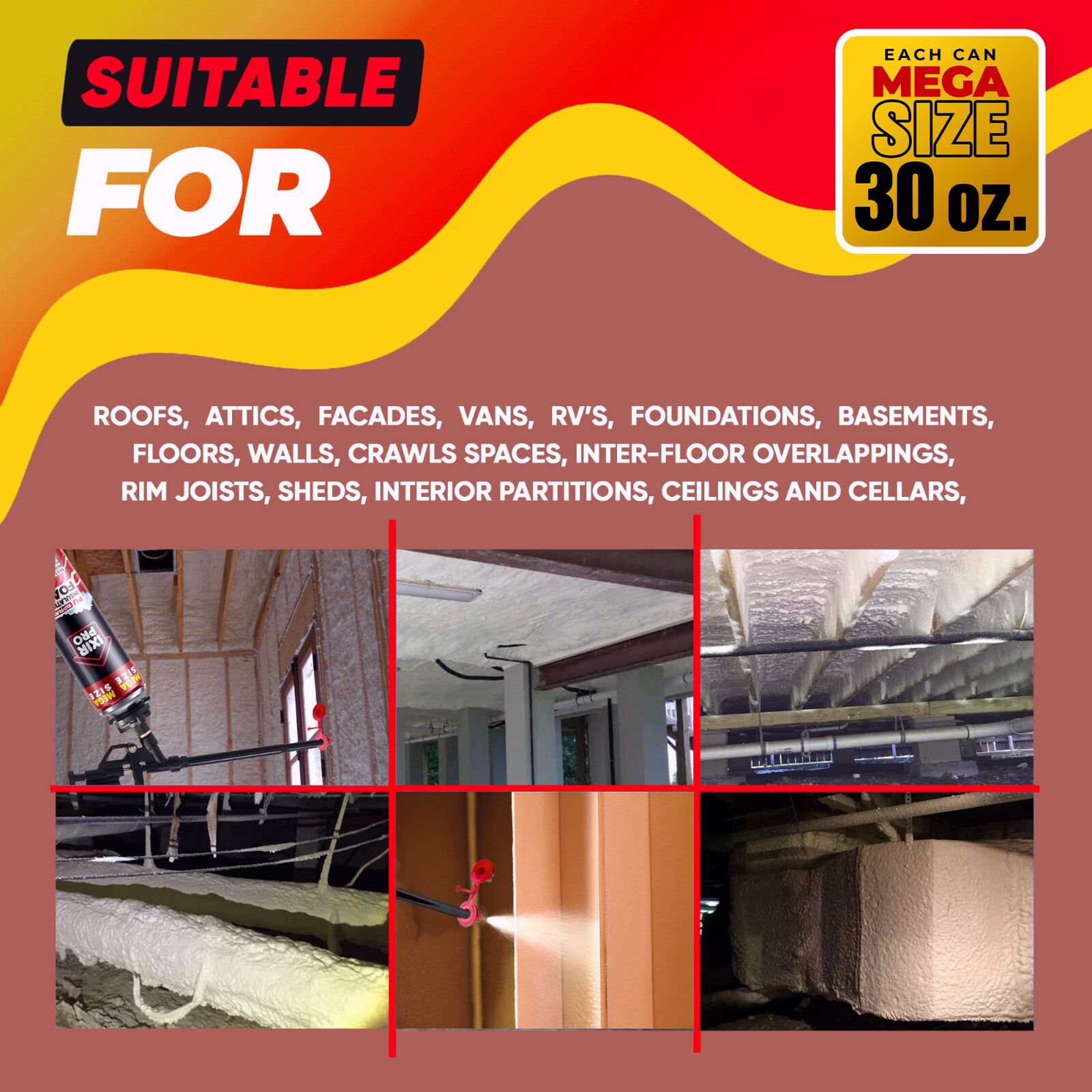 Spray Foam Insulation Can (12 x 30 oz. / 850 g) Expanding Sealant, High Density