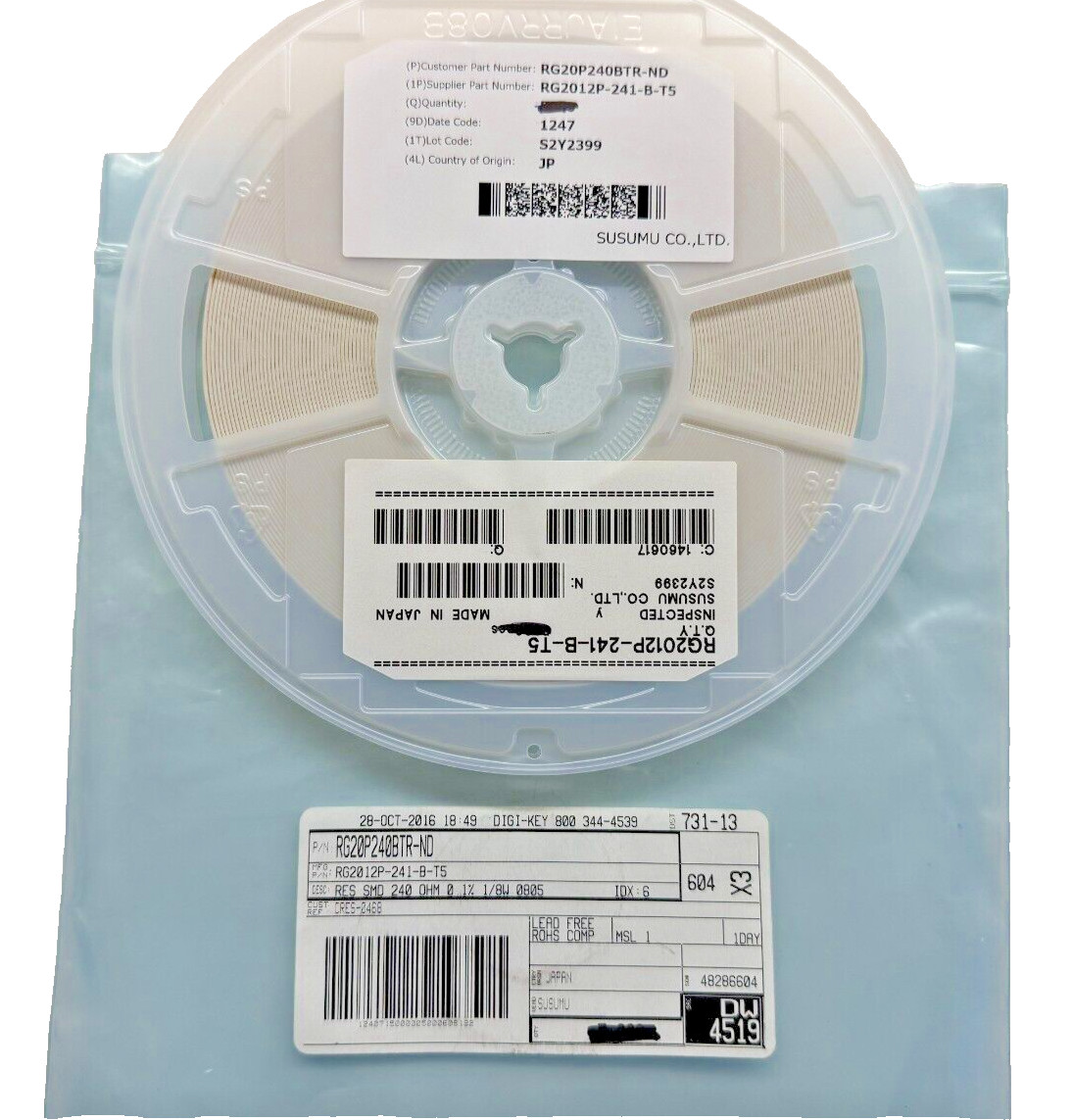(3,774 PIECE REEL) RG2012P-241-B-T5, SUSUMU RES SMD 240 OHM 0.1% 1/8W 0805, ROHS