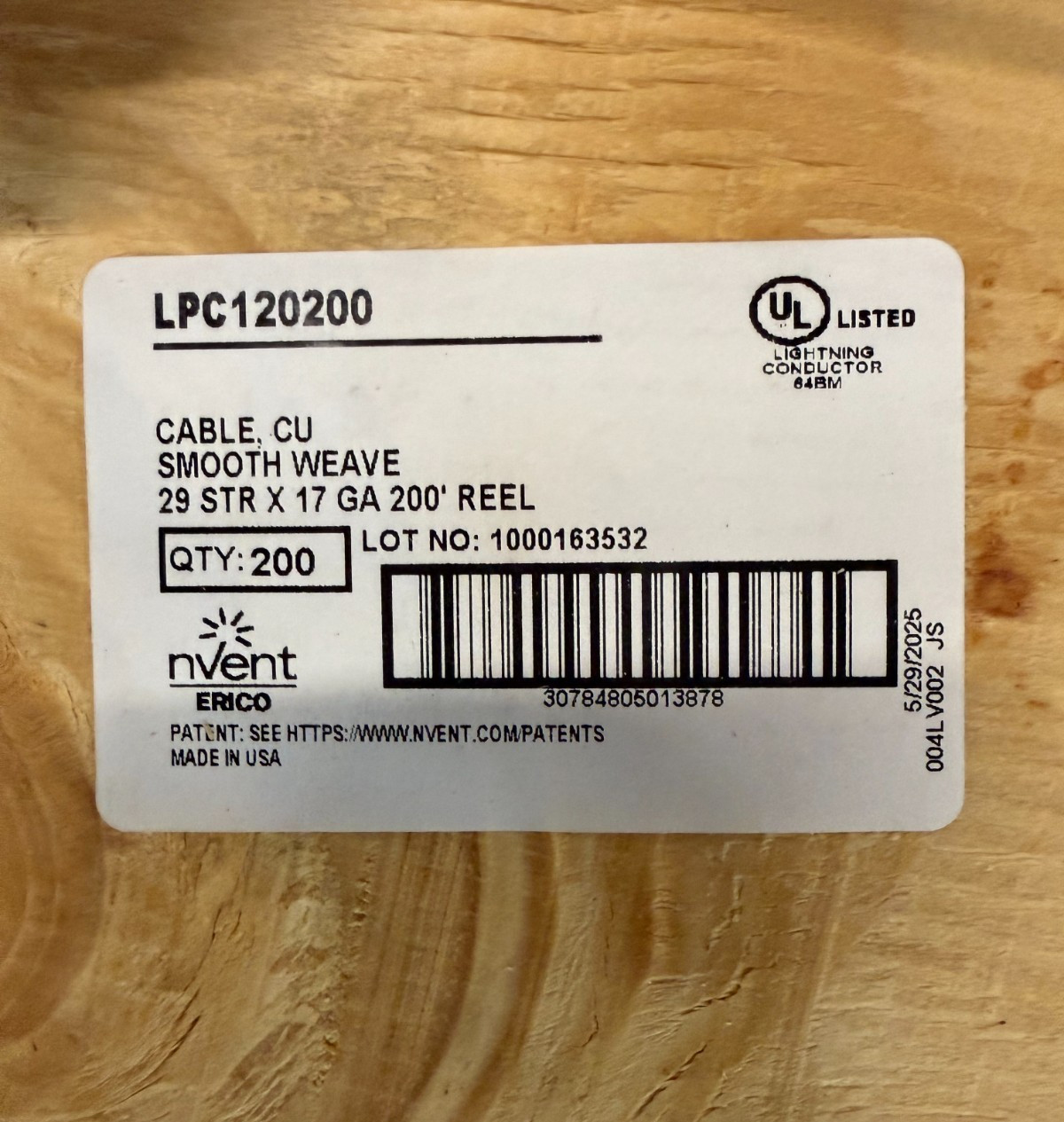 Cable Copper CU Smooth Weave 29STR x 17GA Nvent 50ft to 200ft lightning protect