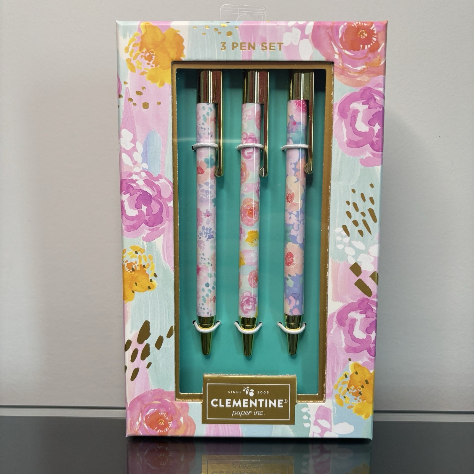 Clementine Pen Set of 3. Colorful Floral in Bloom. Black Ink. Rose Designer. NWT