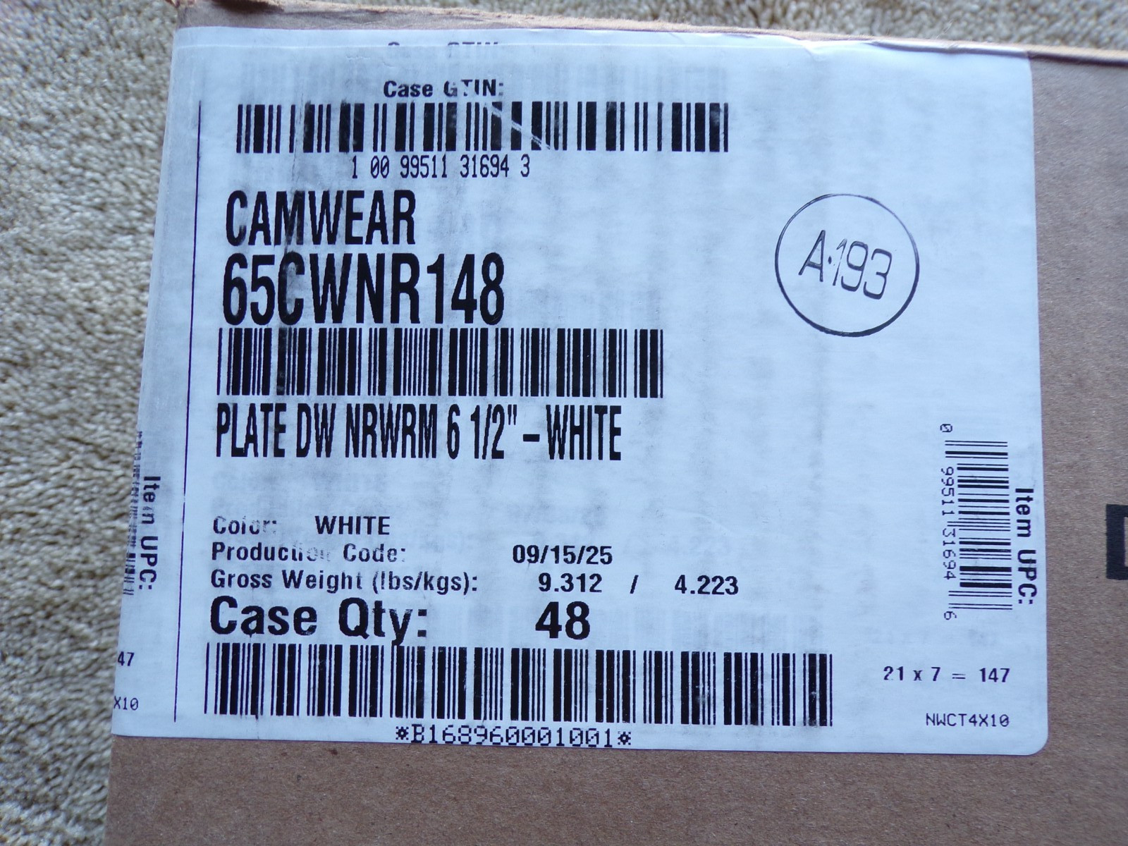 Cambro 65CWNR148 6-1/2 in Camwear® White Narrow Rim Plate @hS